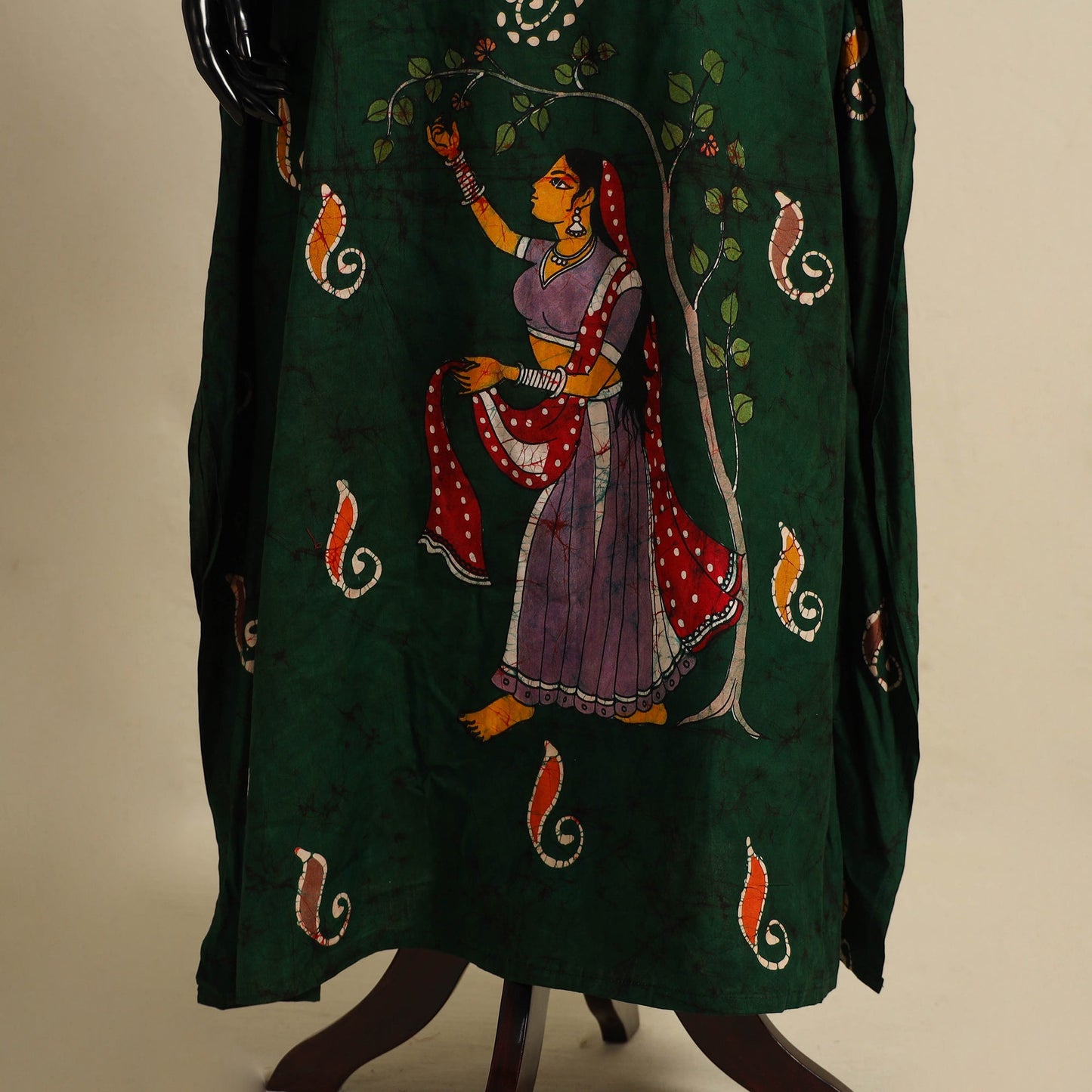 Green - cotton hand batik kaftan with tie-up waist (long)