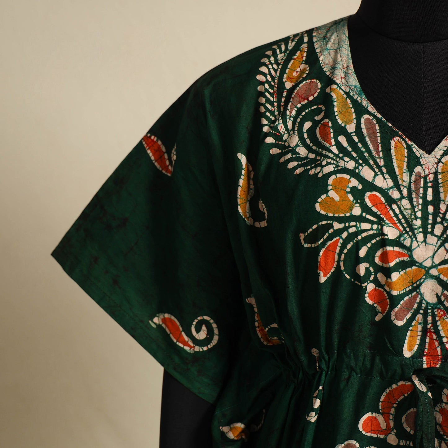 Green - cotton hand batik kaftan with tie-up waist (long)