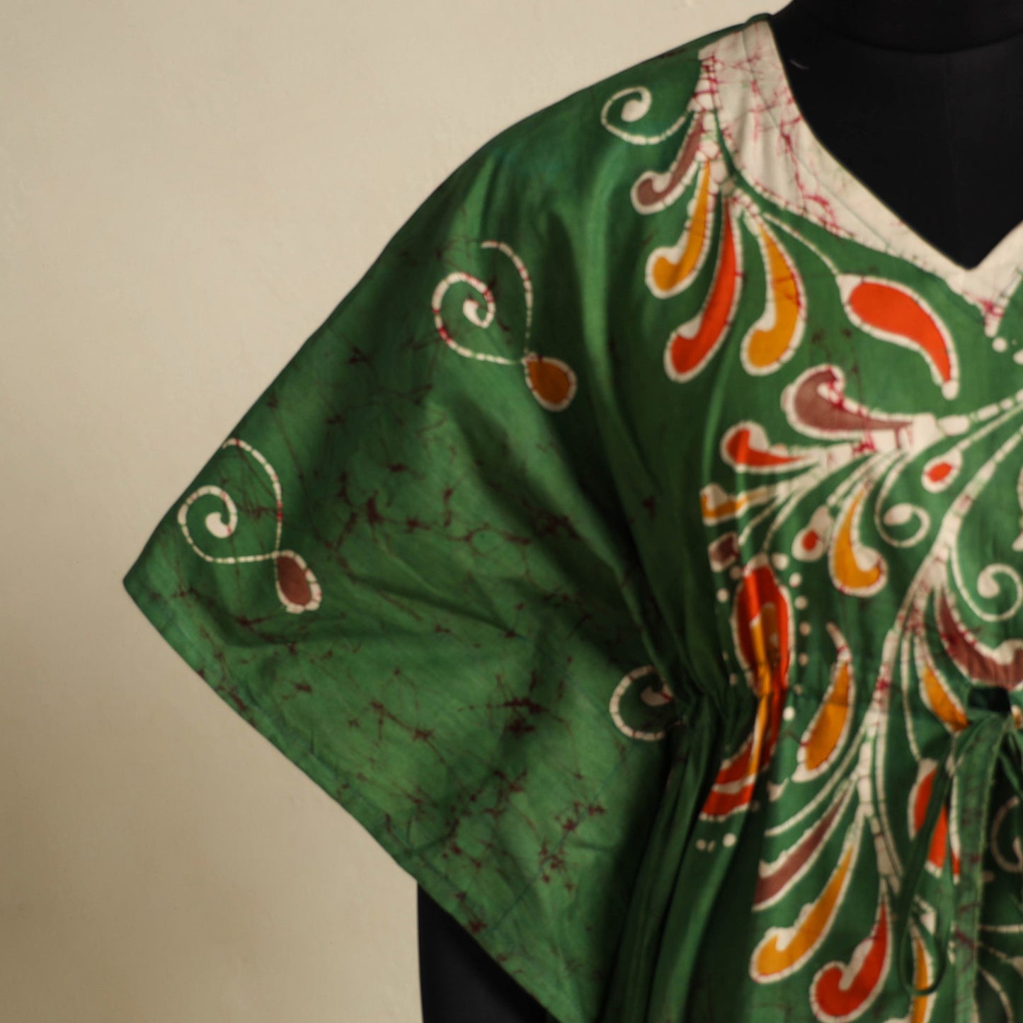 Green - cotton hand batik kaftan with tie-up waist (long)