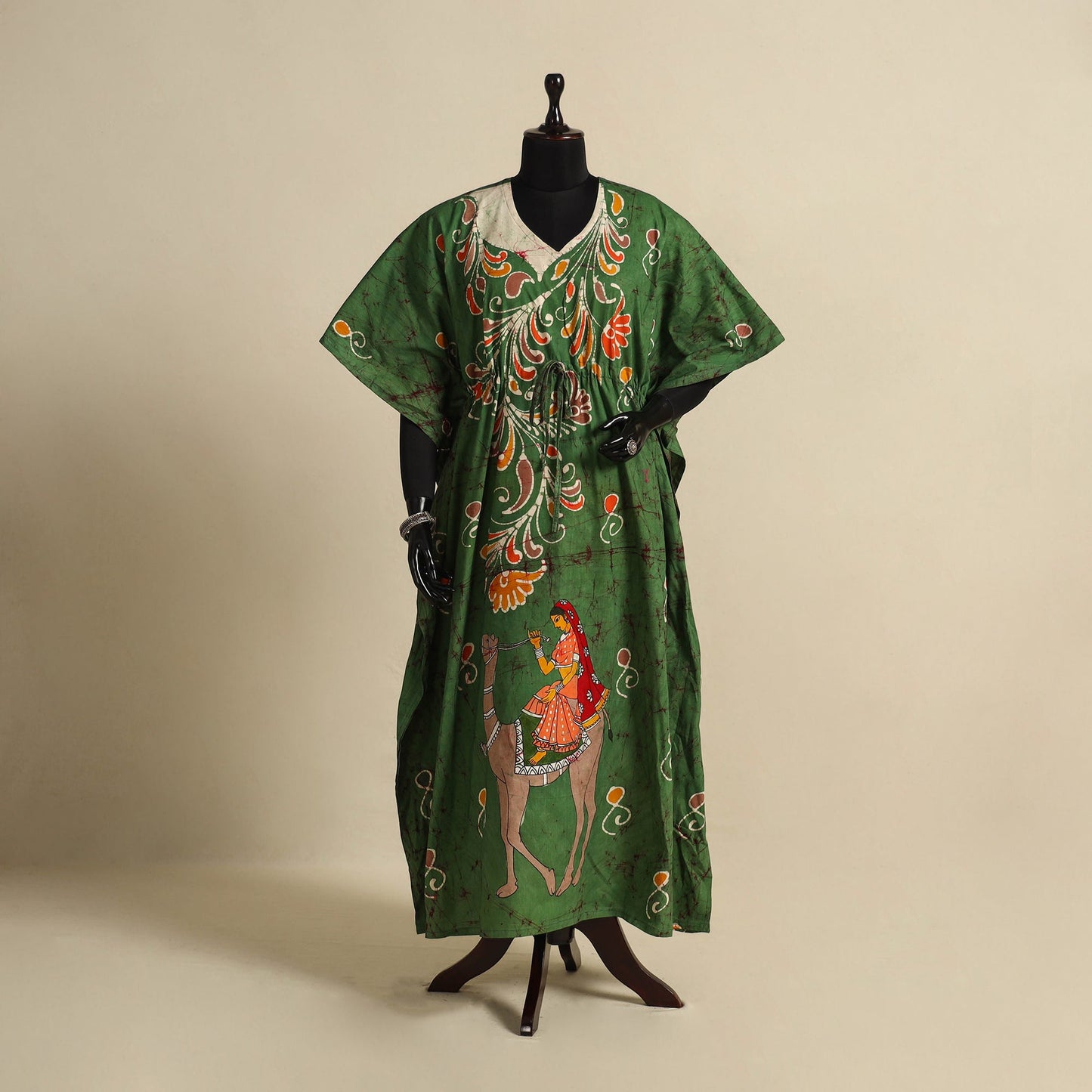 Green - cotton hand batik kaftan with tie-up waist (long)