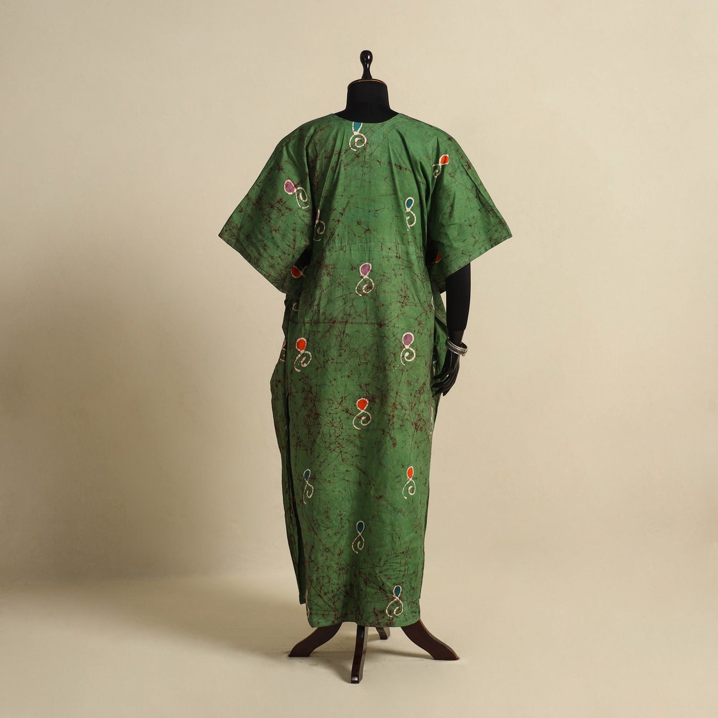 Green - cotton hand batik kaftan with tie-up waist (long)