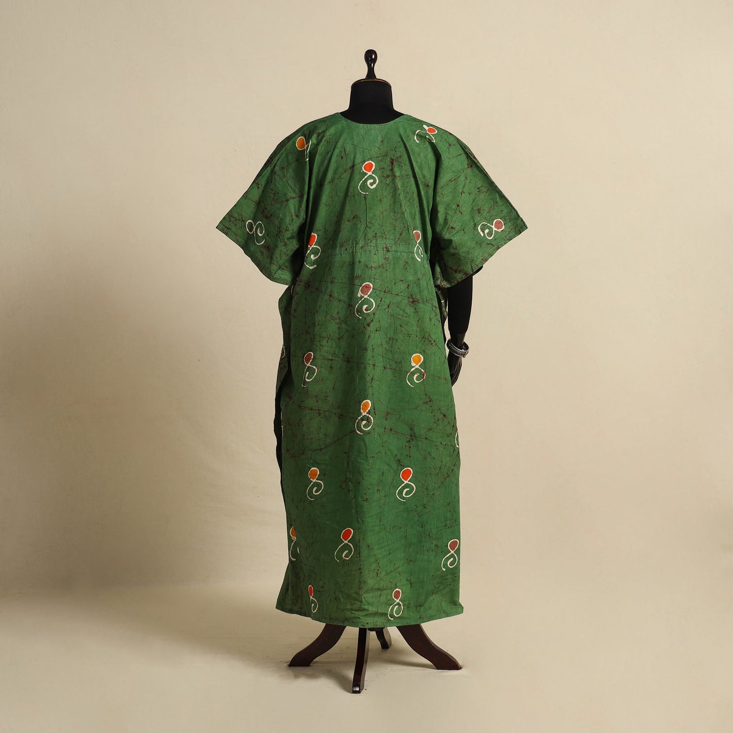Green - cotton hand batik kaftan with tie-up waist (long)