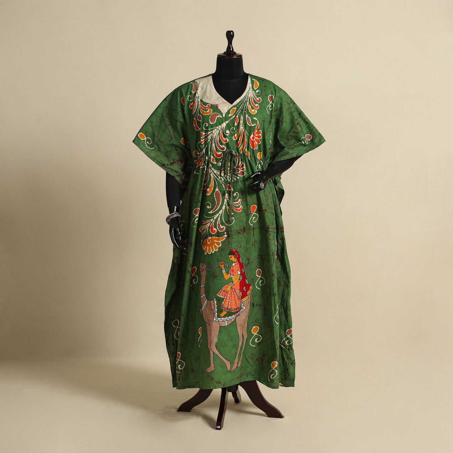 Green - cotton hand batik kaftan with tie-up waist (long)