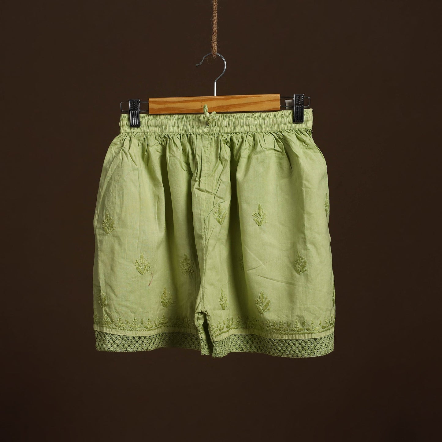 Green Cotton Hand Embroidery Chikankari Short