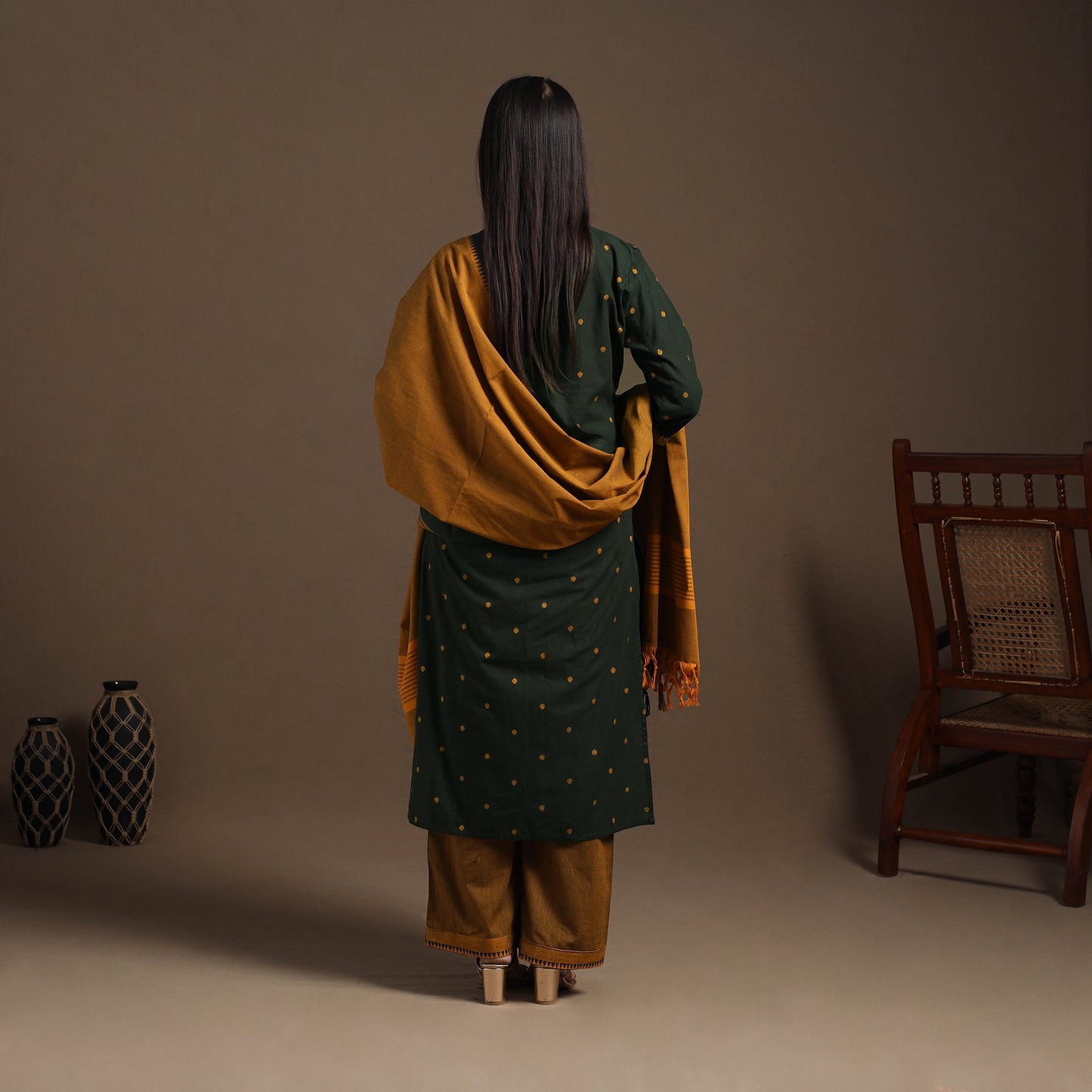 Green Cotton Jacquard Kurta Set (Set of 3)