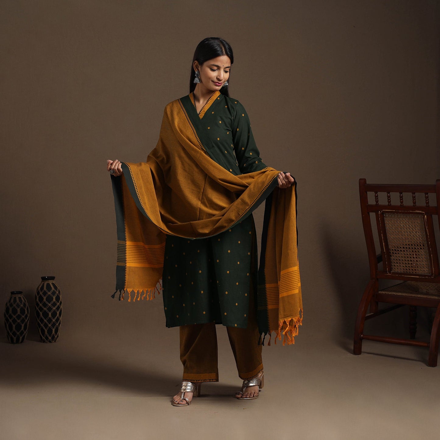 Green Cotton Jacquard Kurta Set (Set of 3)