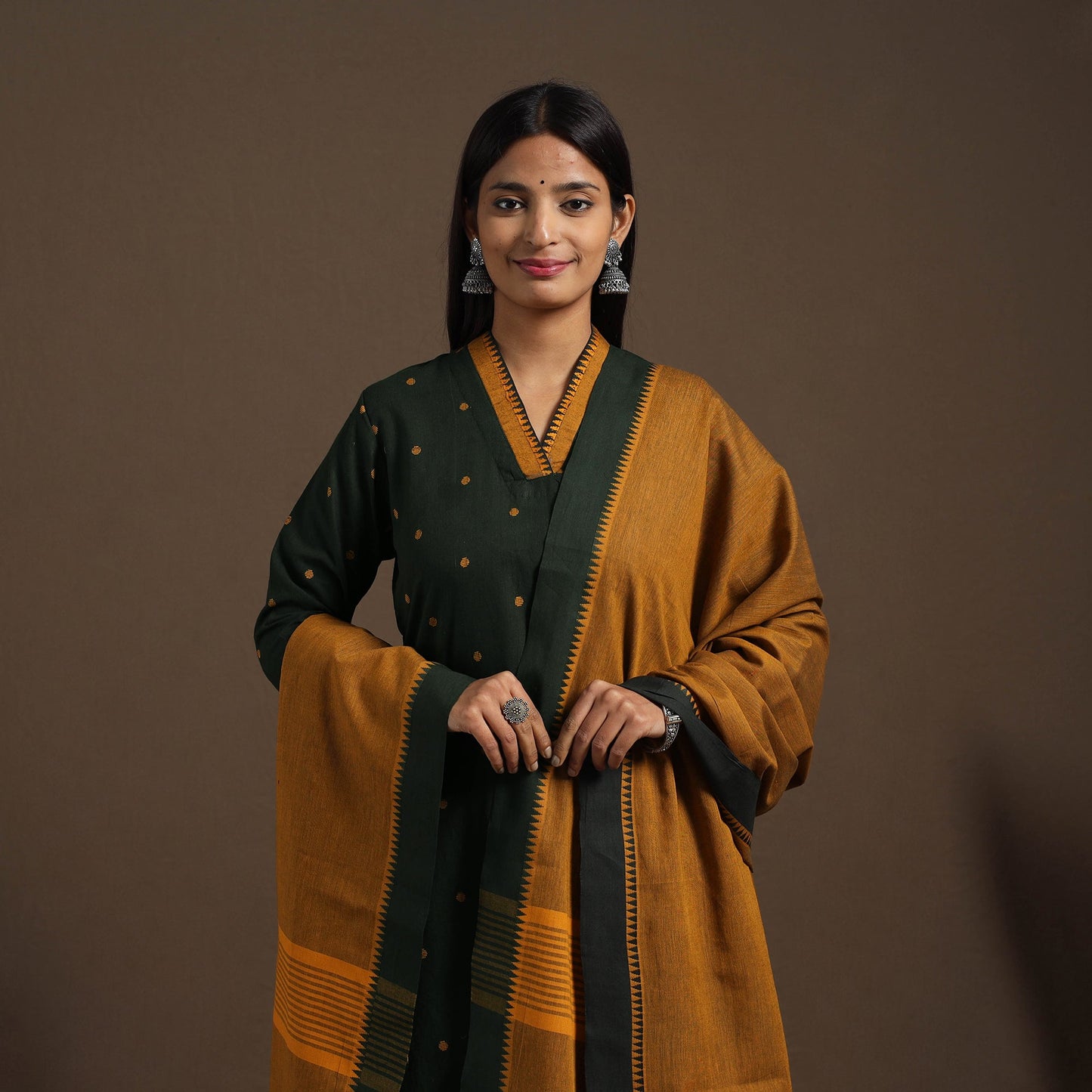 Green Cotton Jacquard Kurta Set (Set of 3)