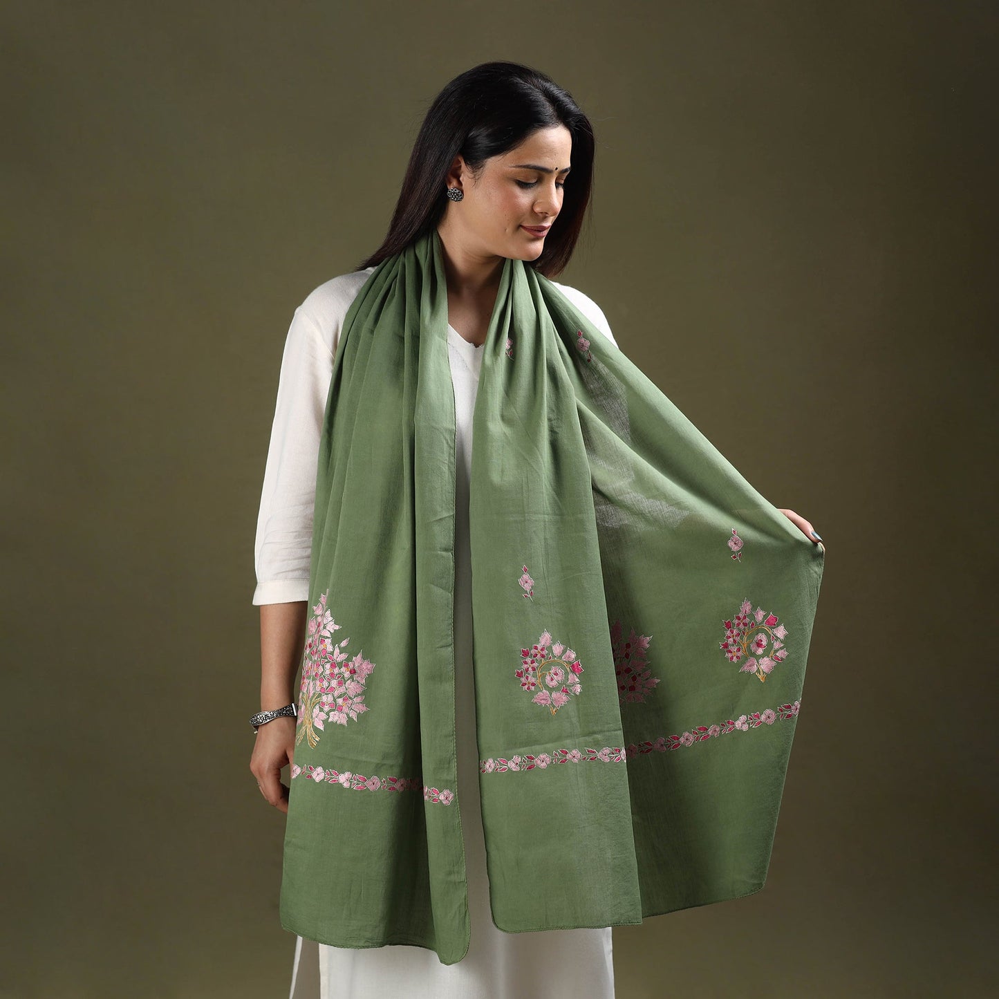 Buy Green Cotton Kashida Embroidery Stole