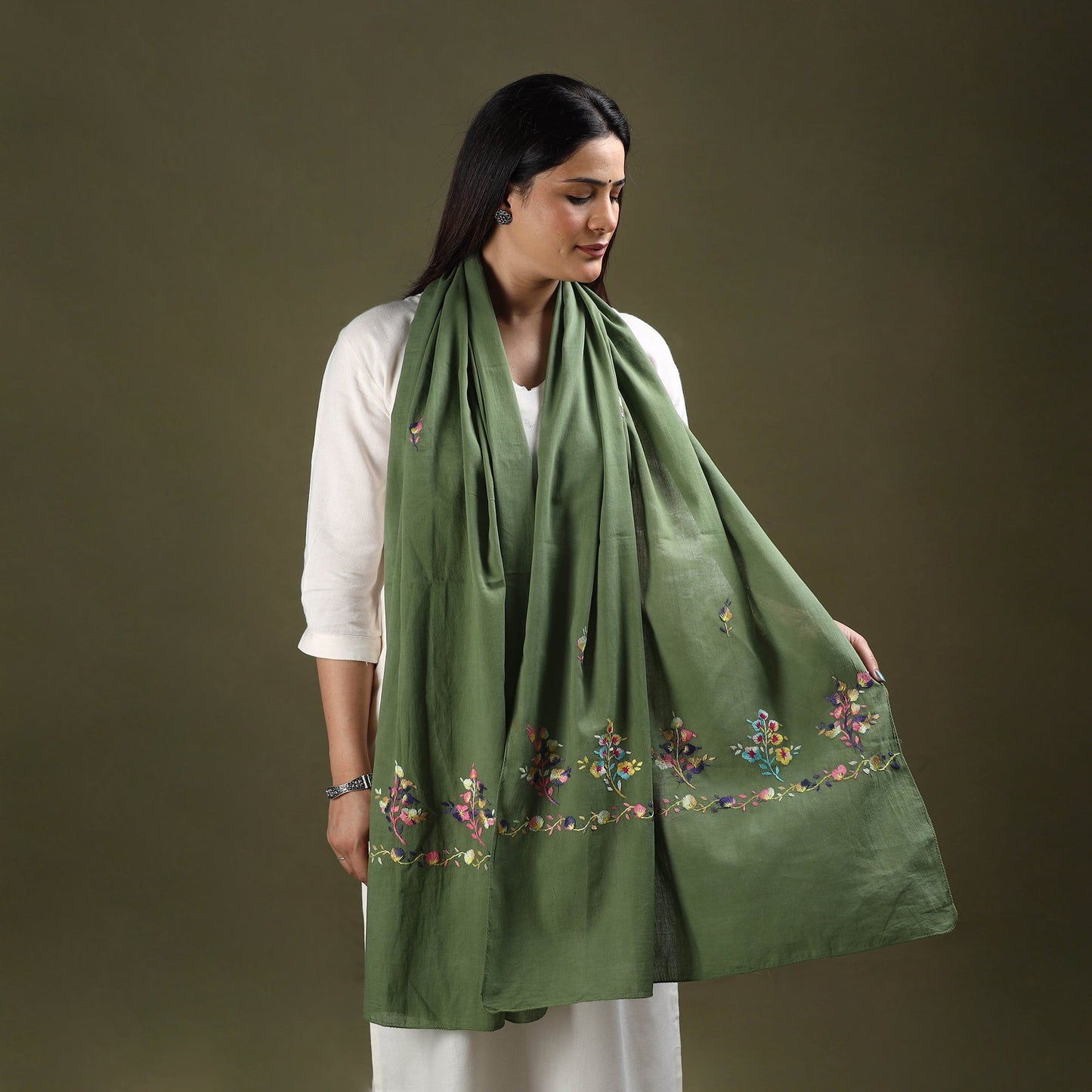 Green - cotton kashida embroidery stole 20 - handcrafted
