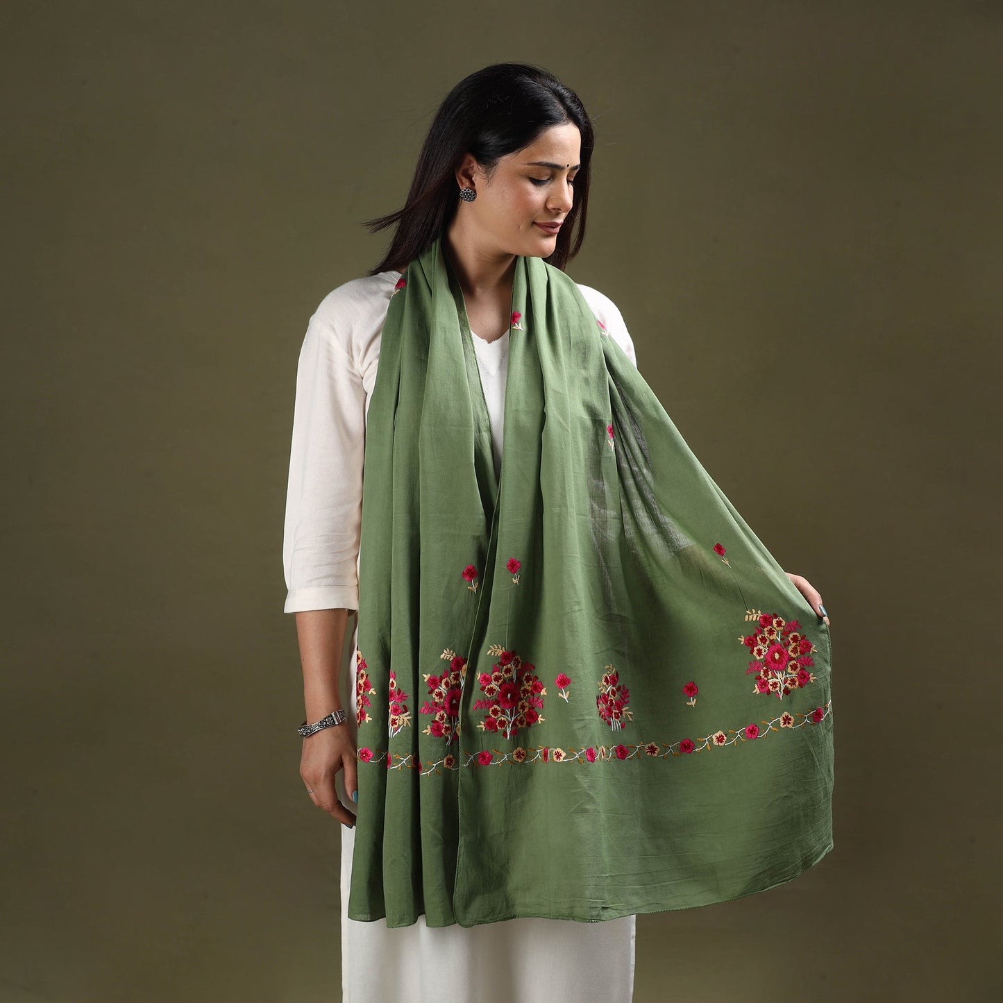 Buy Green Cotton Kashida Embroidery Stole