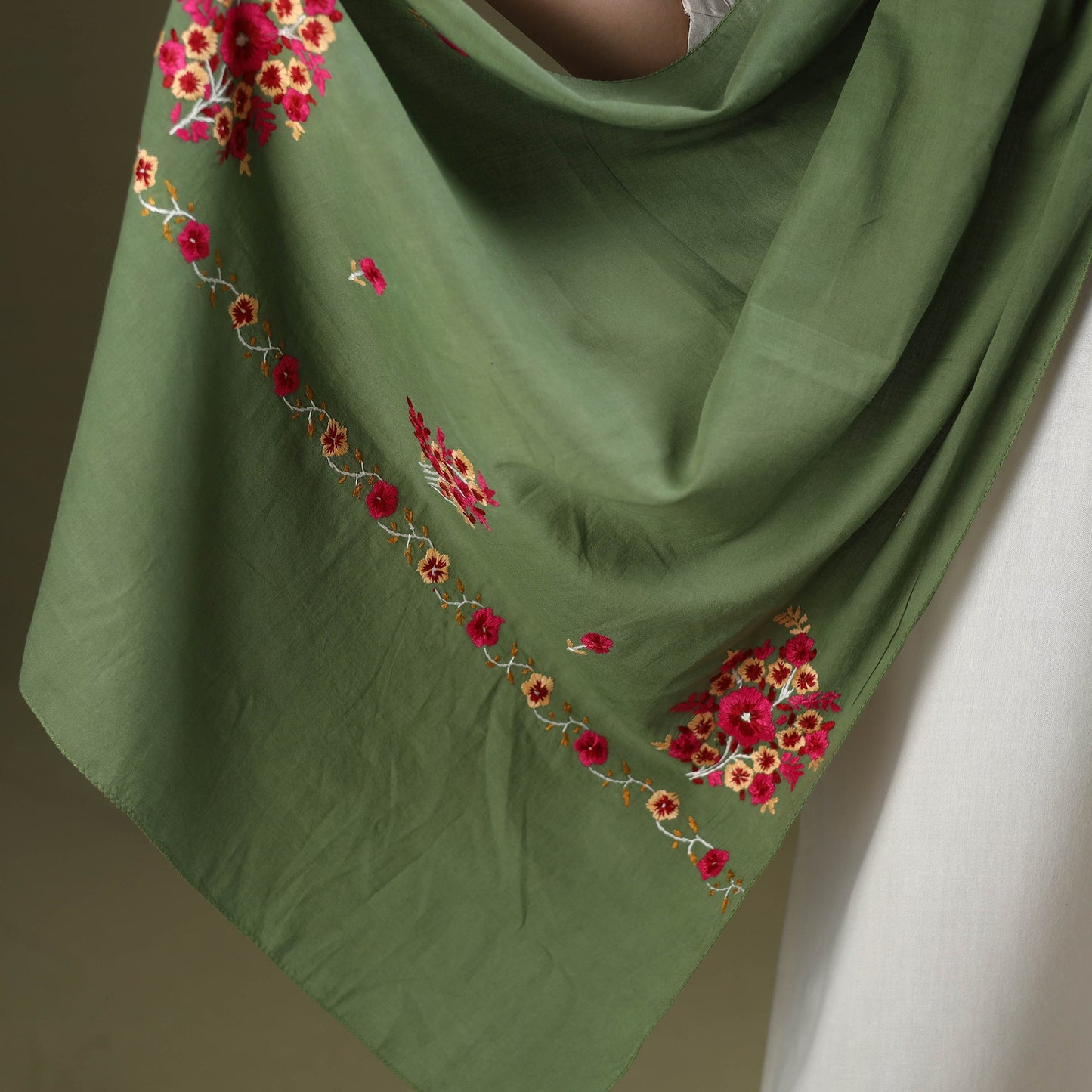 Buy Green Cotton Kashida Embroidery Stole