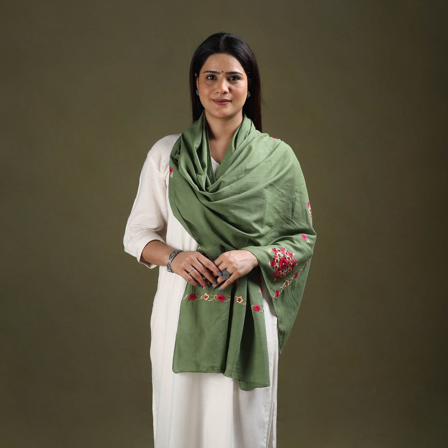 Buy Green Cotton Kashida Embroidery Stole