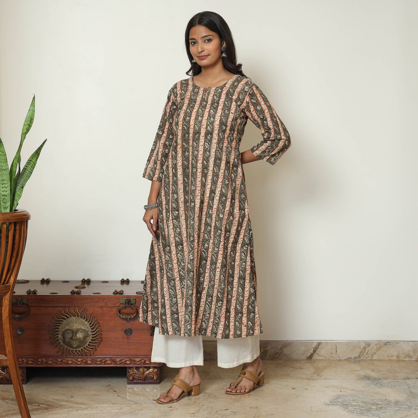 Brown Block Print Cotton A-Line Kalamkari Kurta for Women
