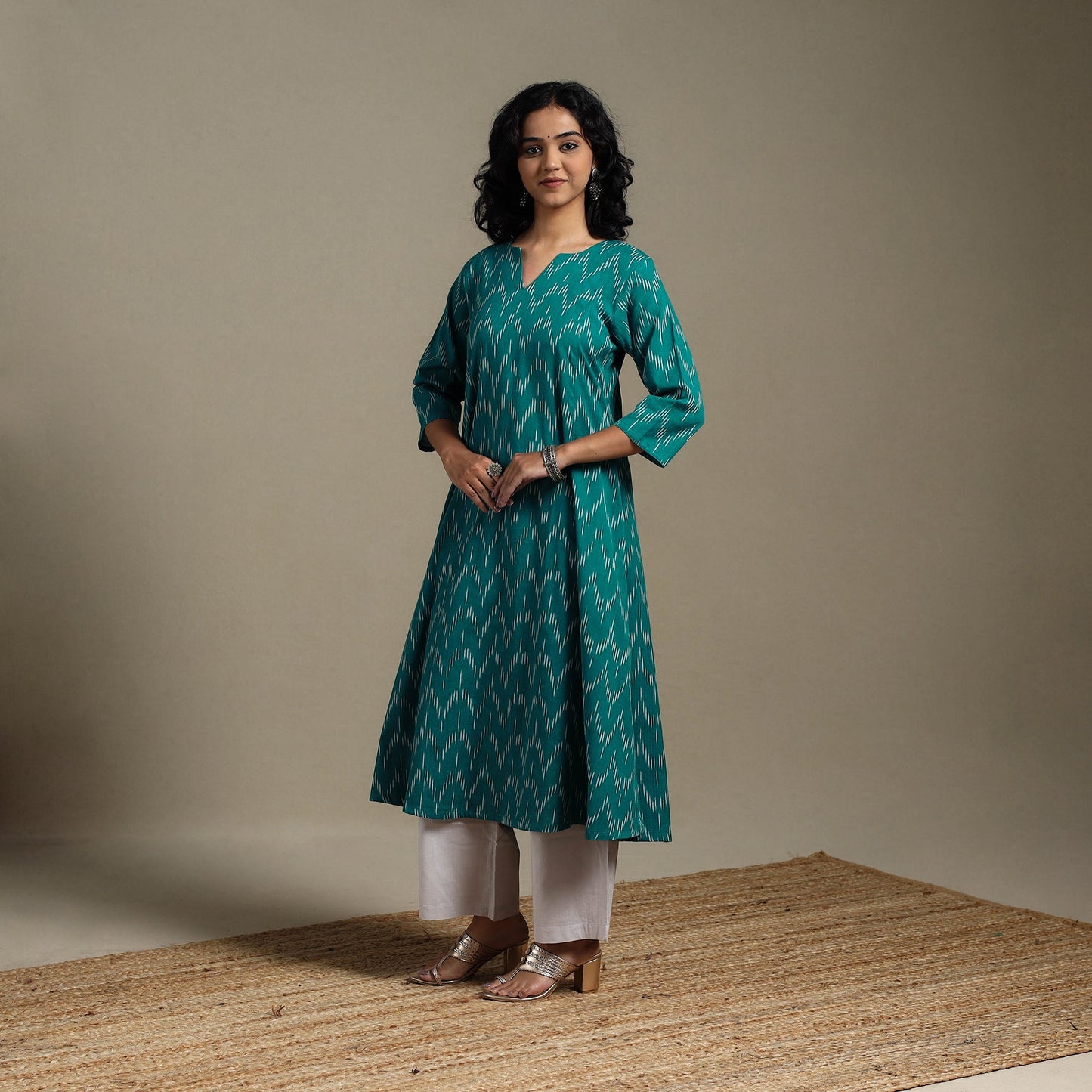 Green - cotton a-line pochampally ikat kurta 05