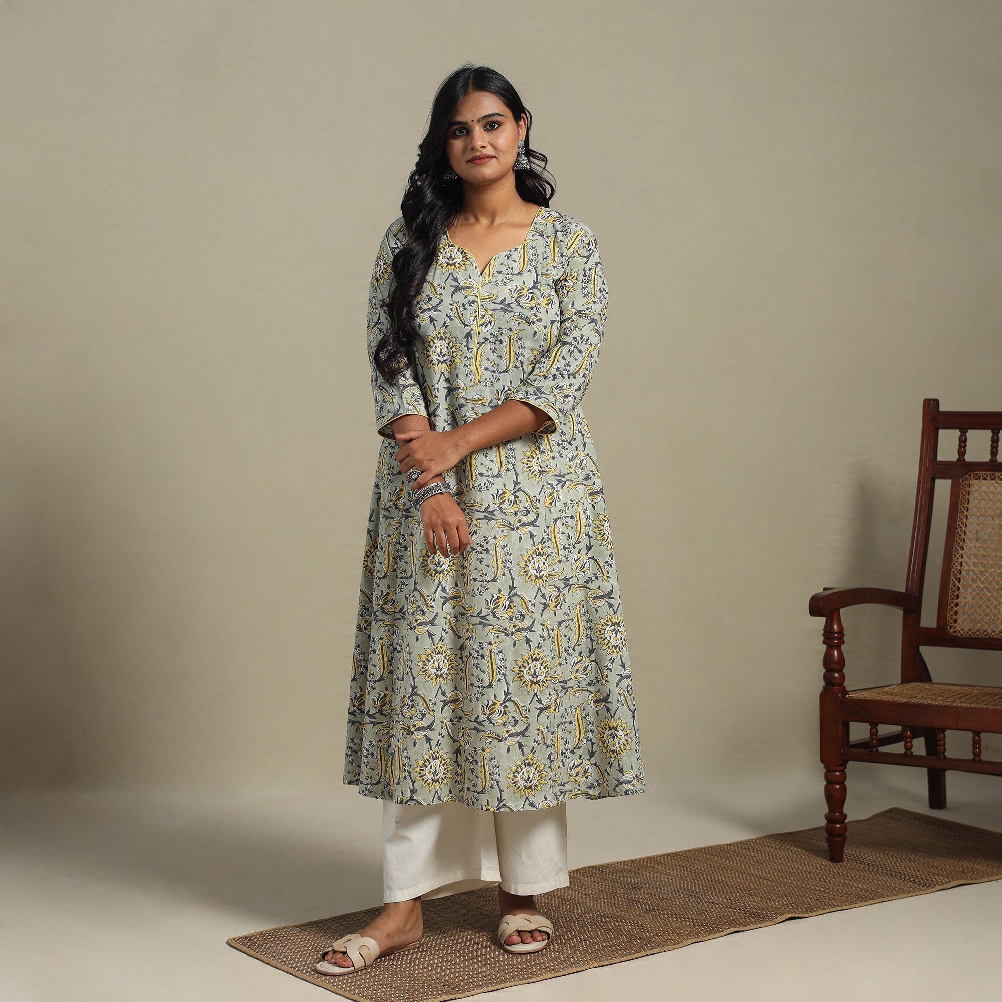 Green - Block Print Cotton Straight Sanganeri Kurta 07