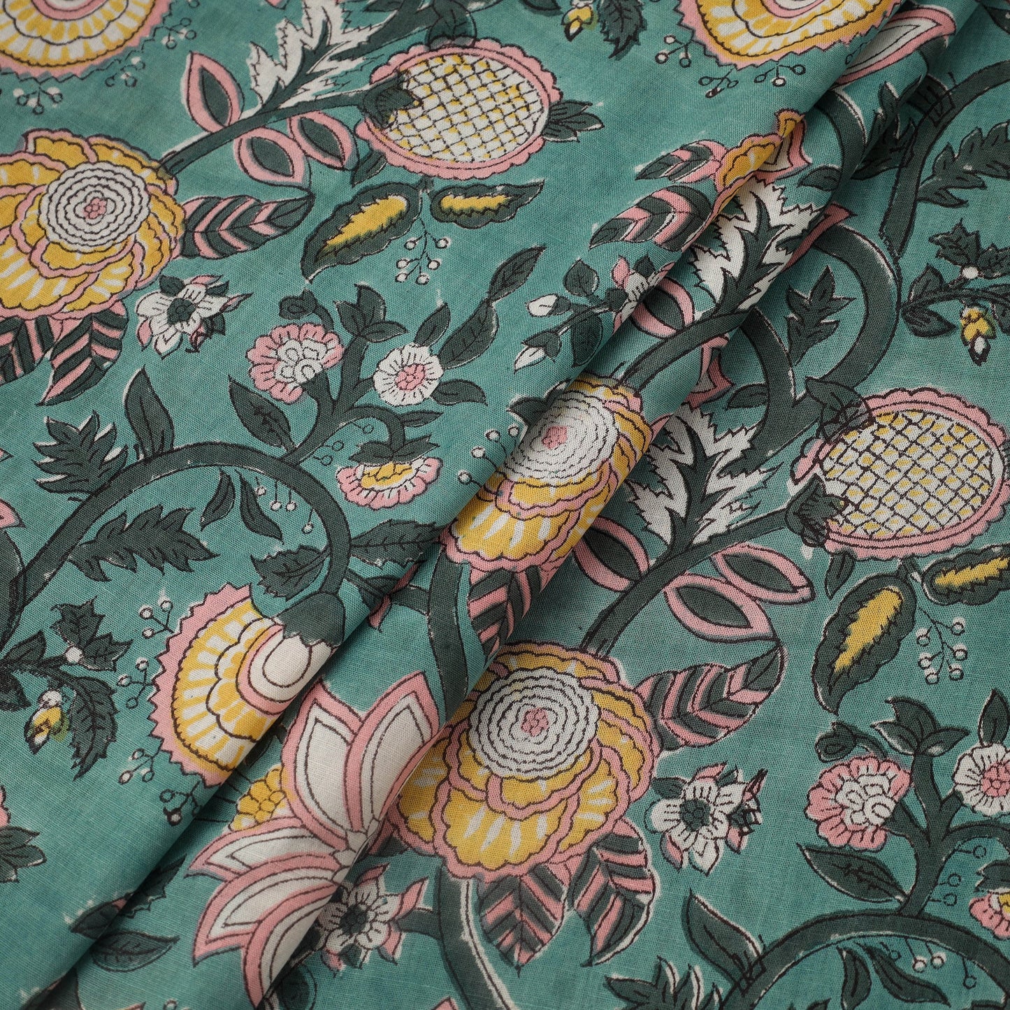 Green Block Print Cotton Sanganeri Fabric