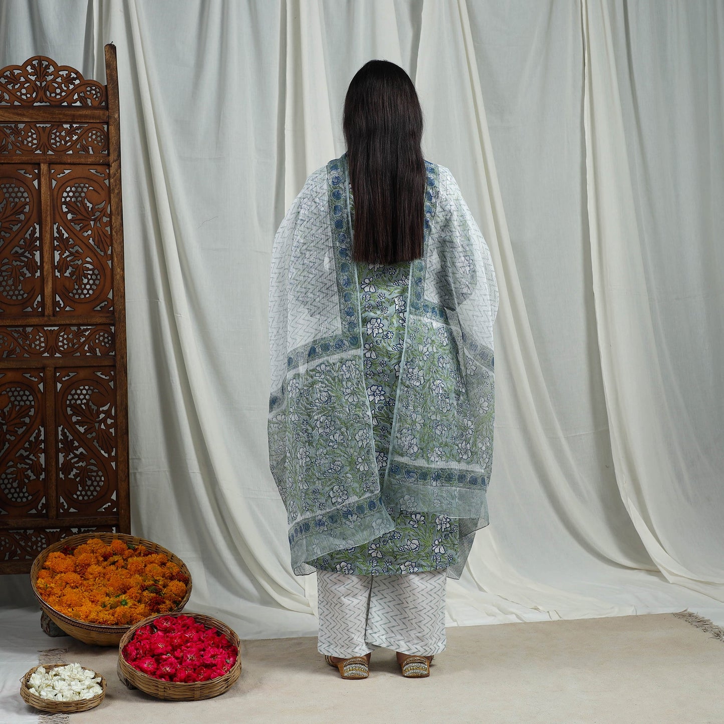 Green Block Print Cotton Sanganeri Kurta Set