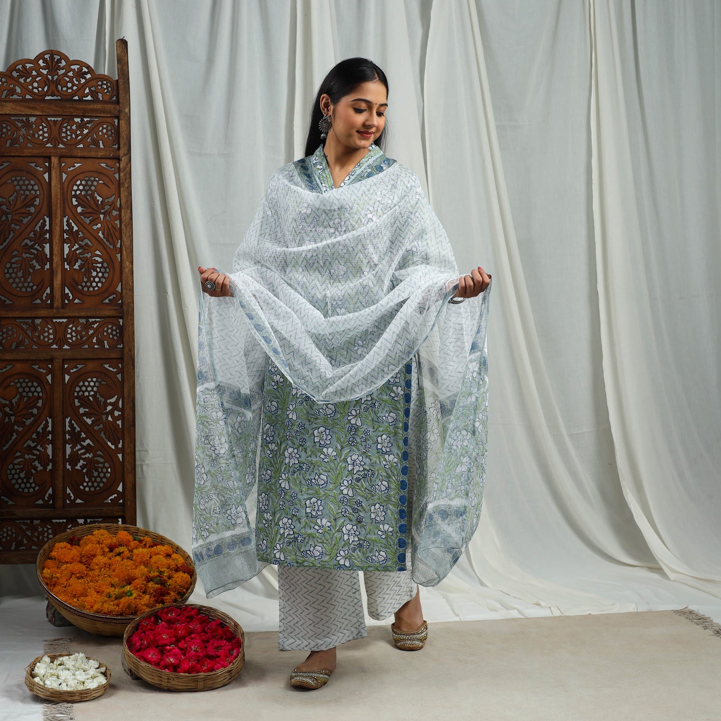 Green Block Print Cotton Sanganeri Kurta Set