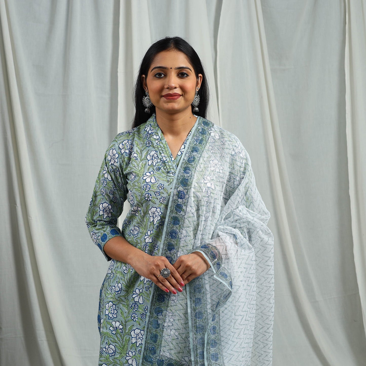 Green Block Print Cotton Sanganeri Kurta Set
