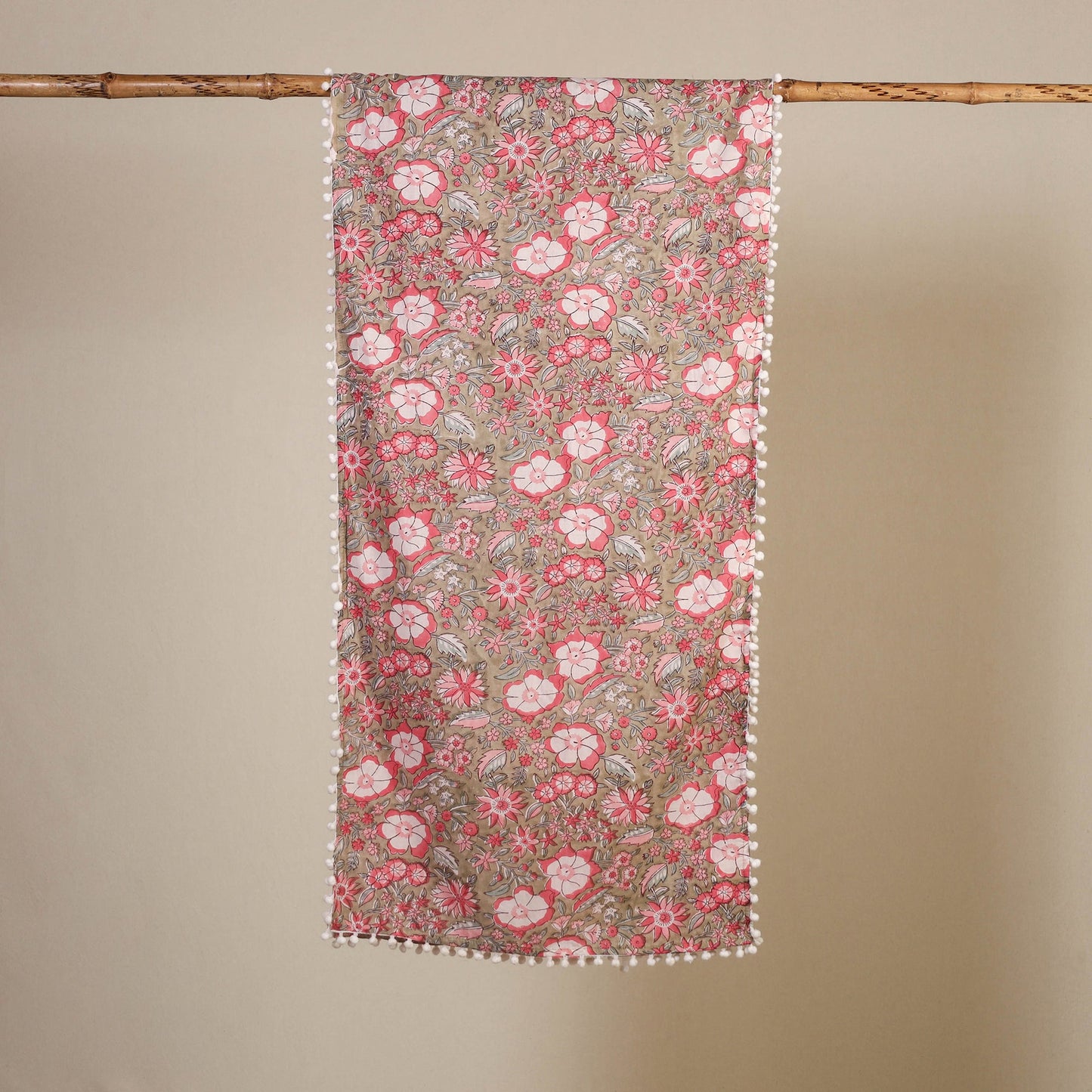 Green Block Print Cotton Sanganeri Stole with Pom Pom