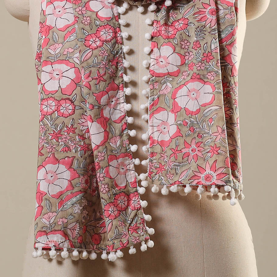 Green Block Print Cotton Sanganeri Stole with Pom Pom