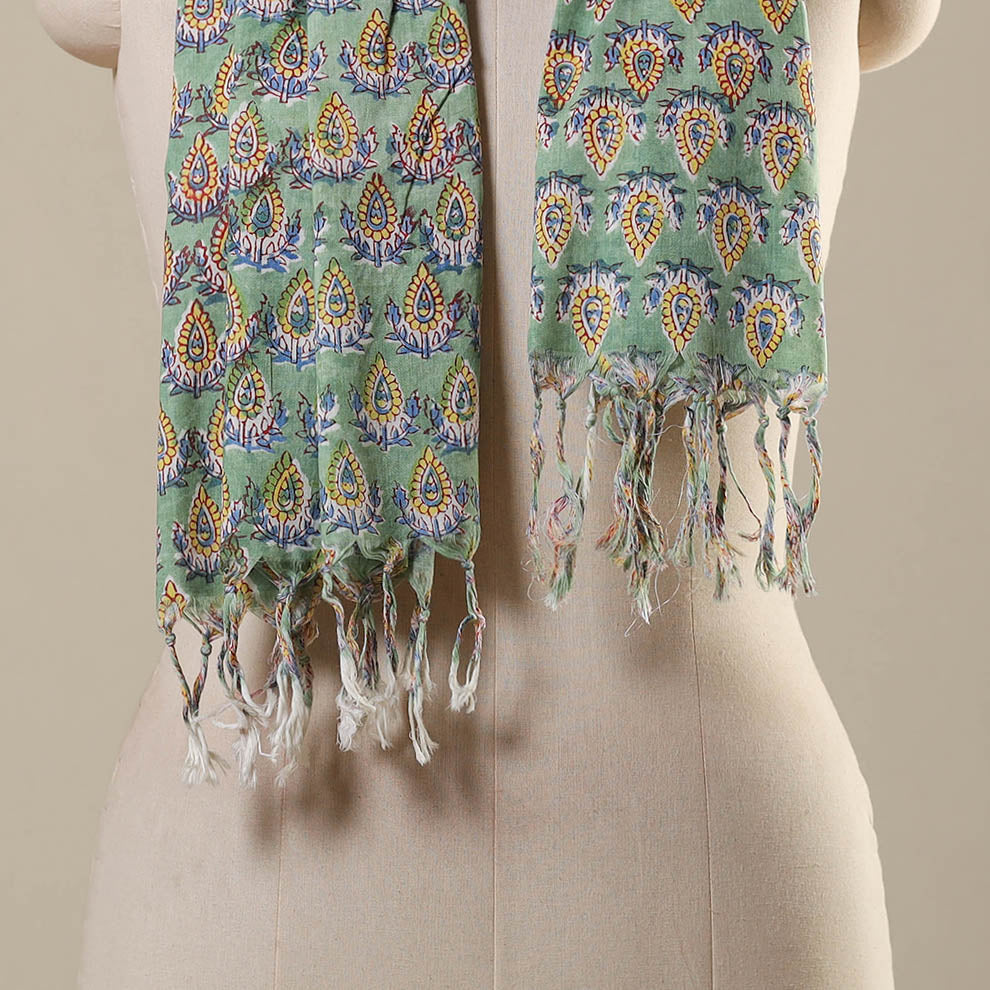 Block Print Cotton Sanganeri Stole with Tassels