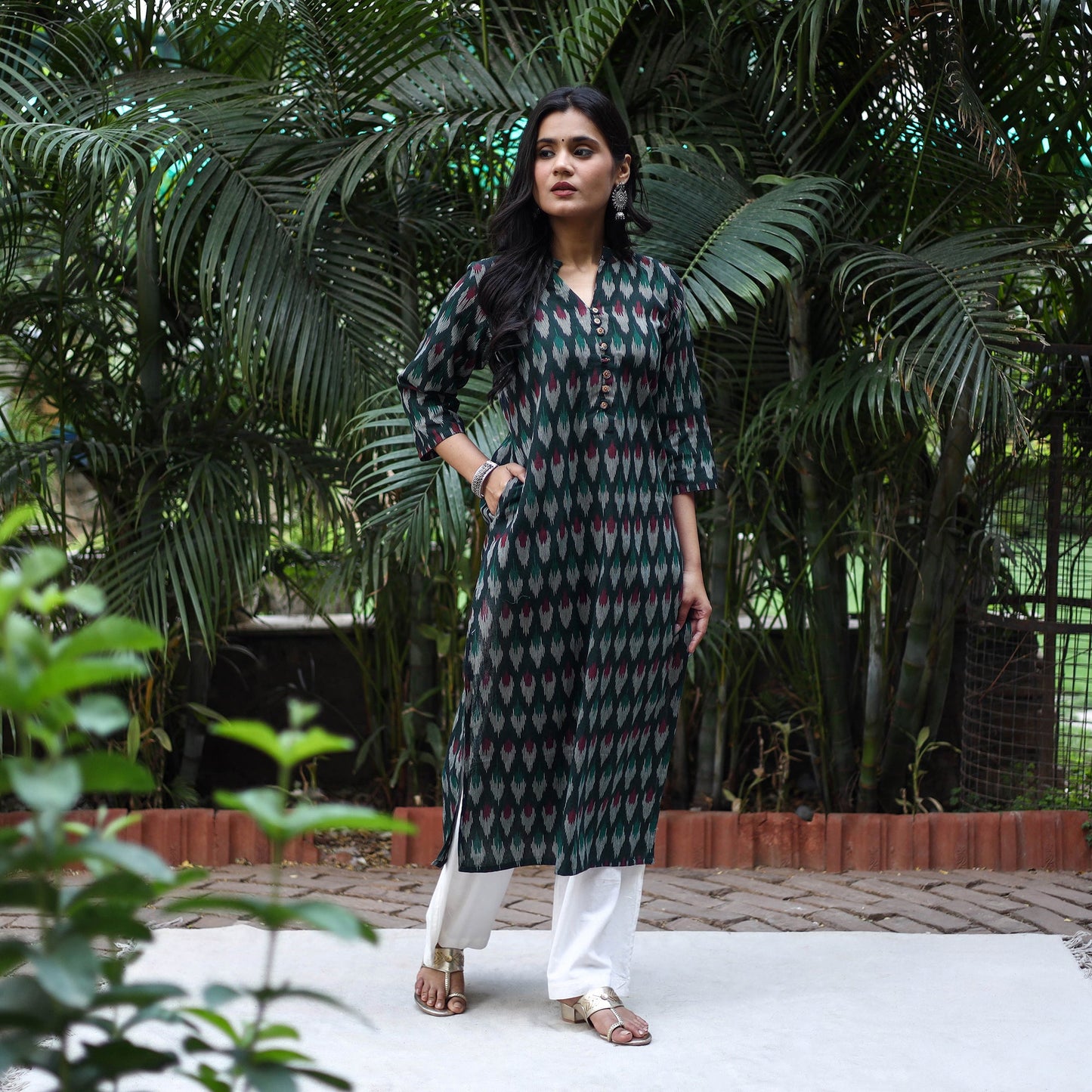 Green Cotton Straight Pochampally Ikat Kurta for women