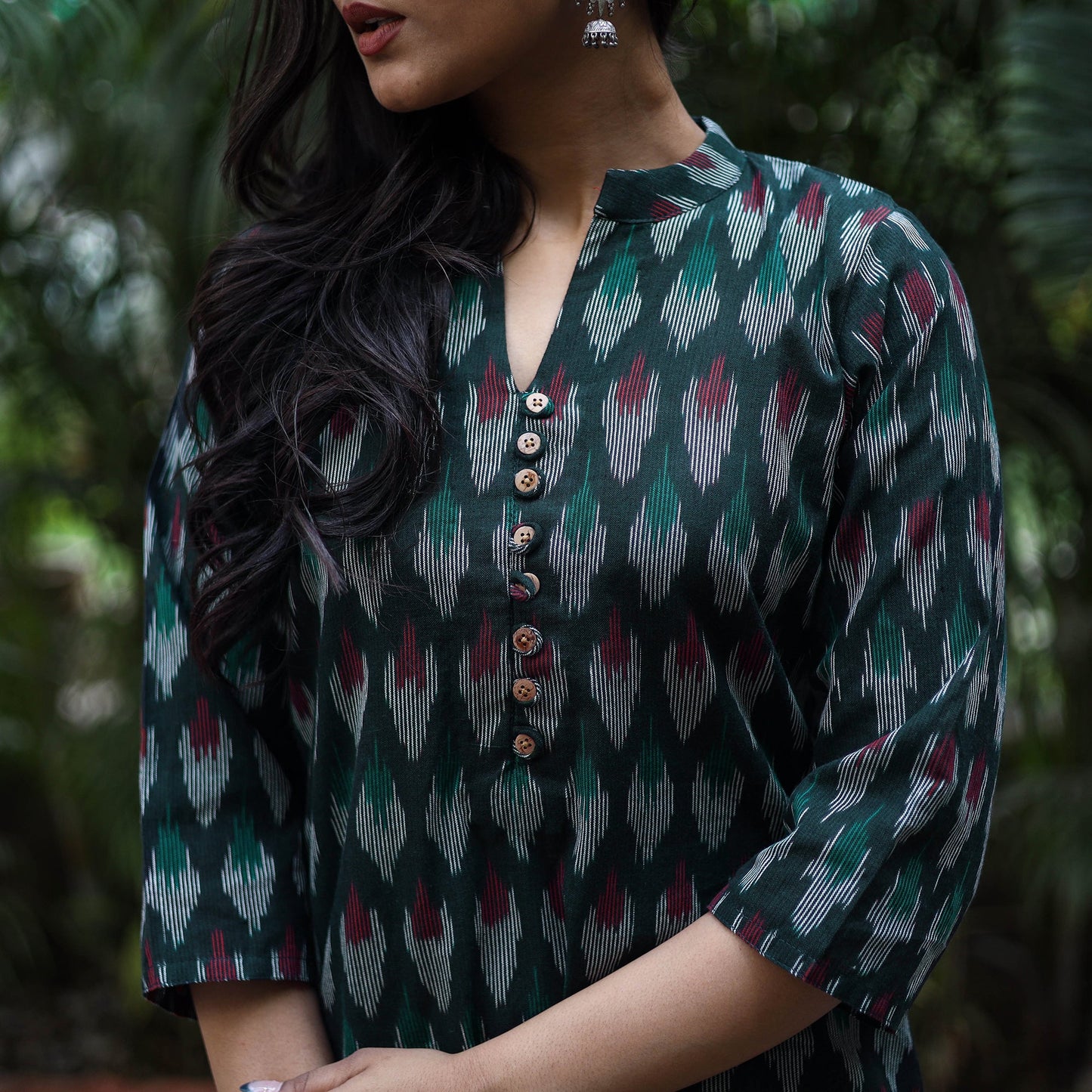 Green Cotton Straight Pochampally Ikat Kurta for women