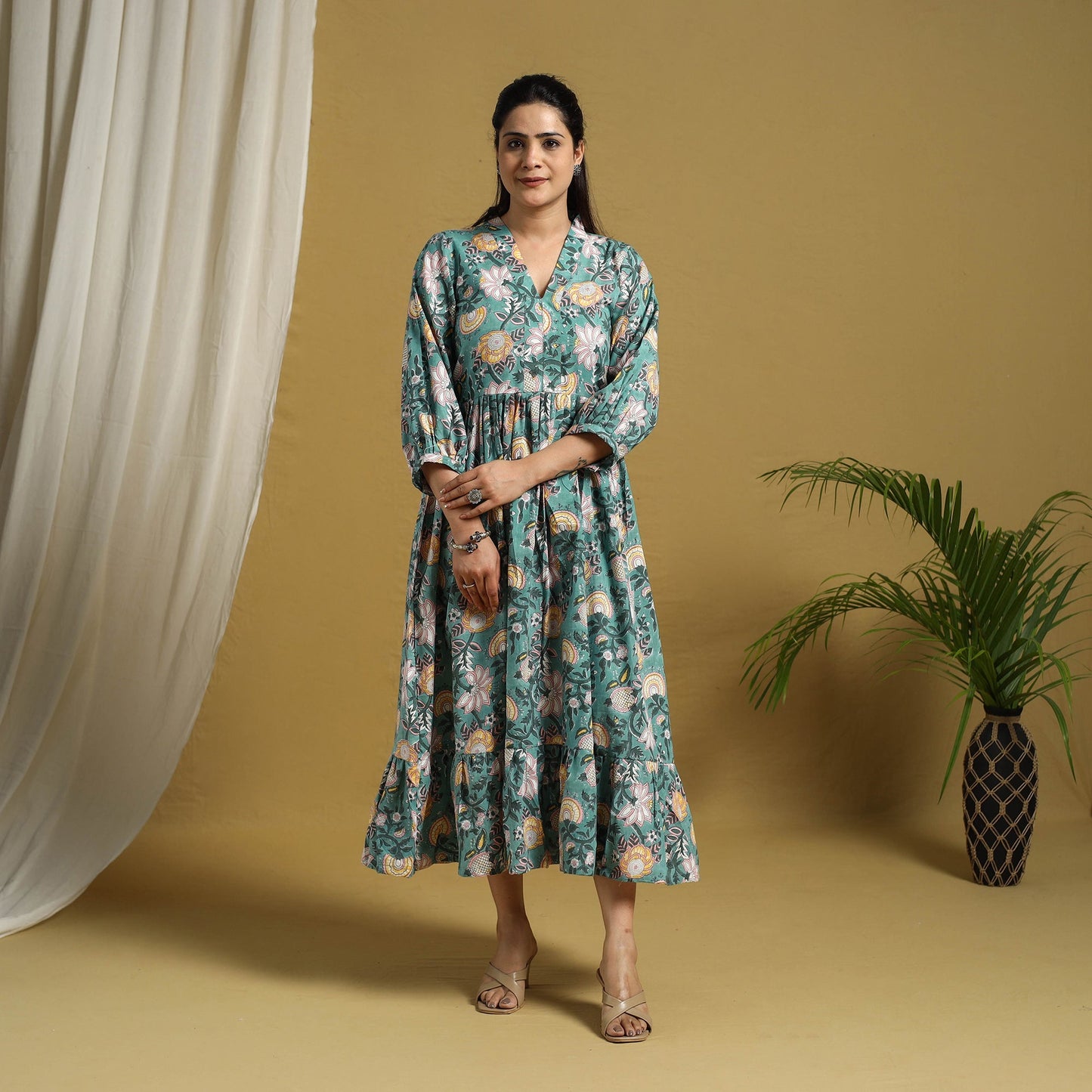 Buy Green Block Print Cotton Tiered Sanganeri Dress