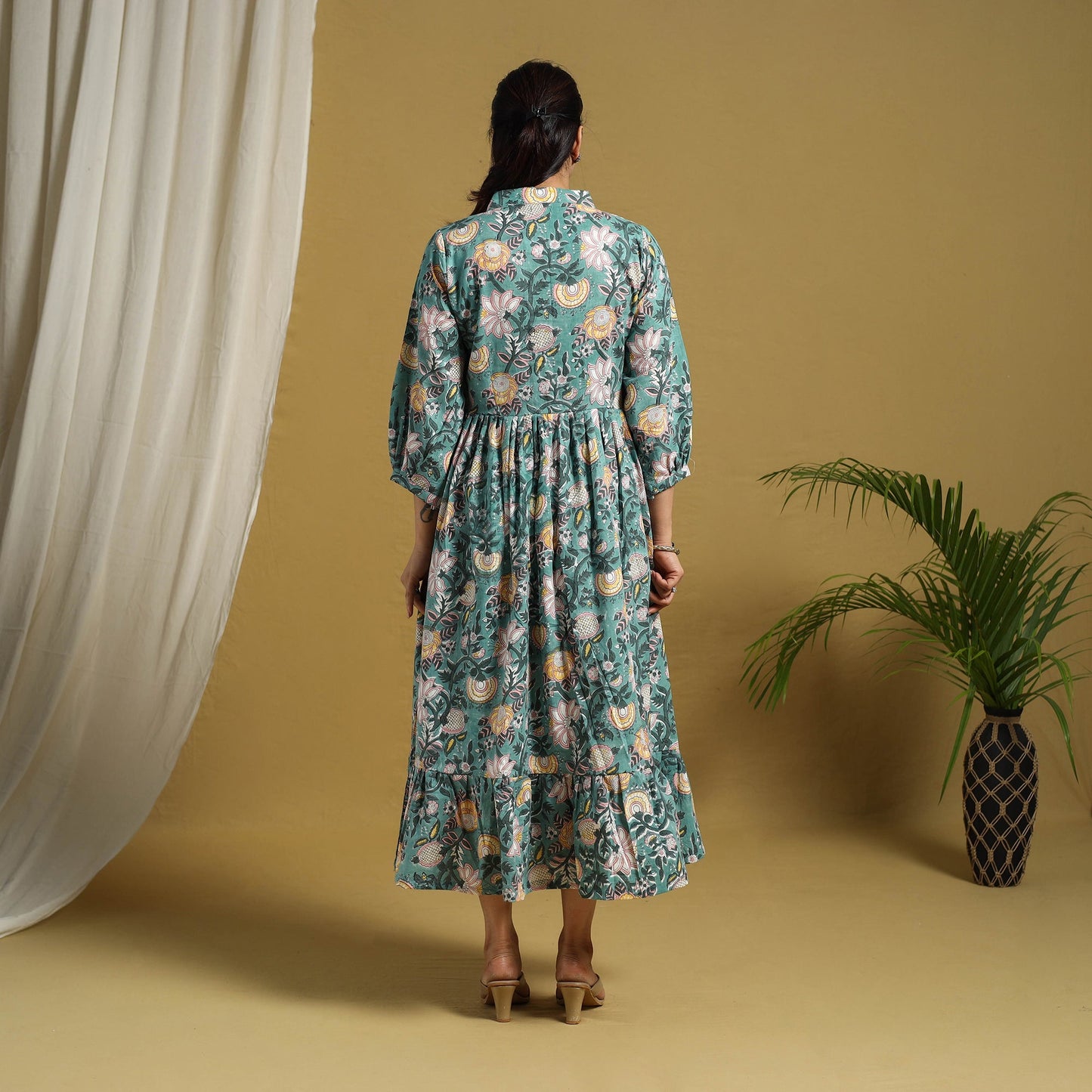 Buy Green Block Print Cotton Tiered Sanganeri Dress