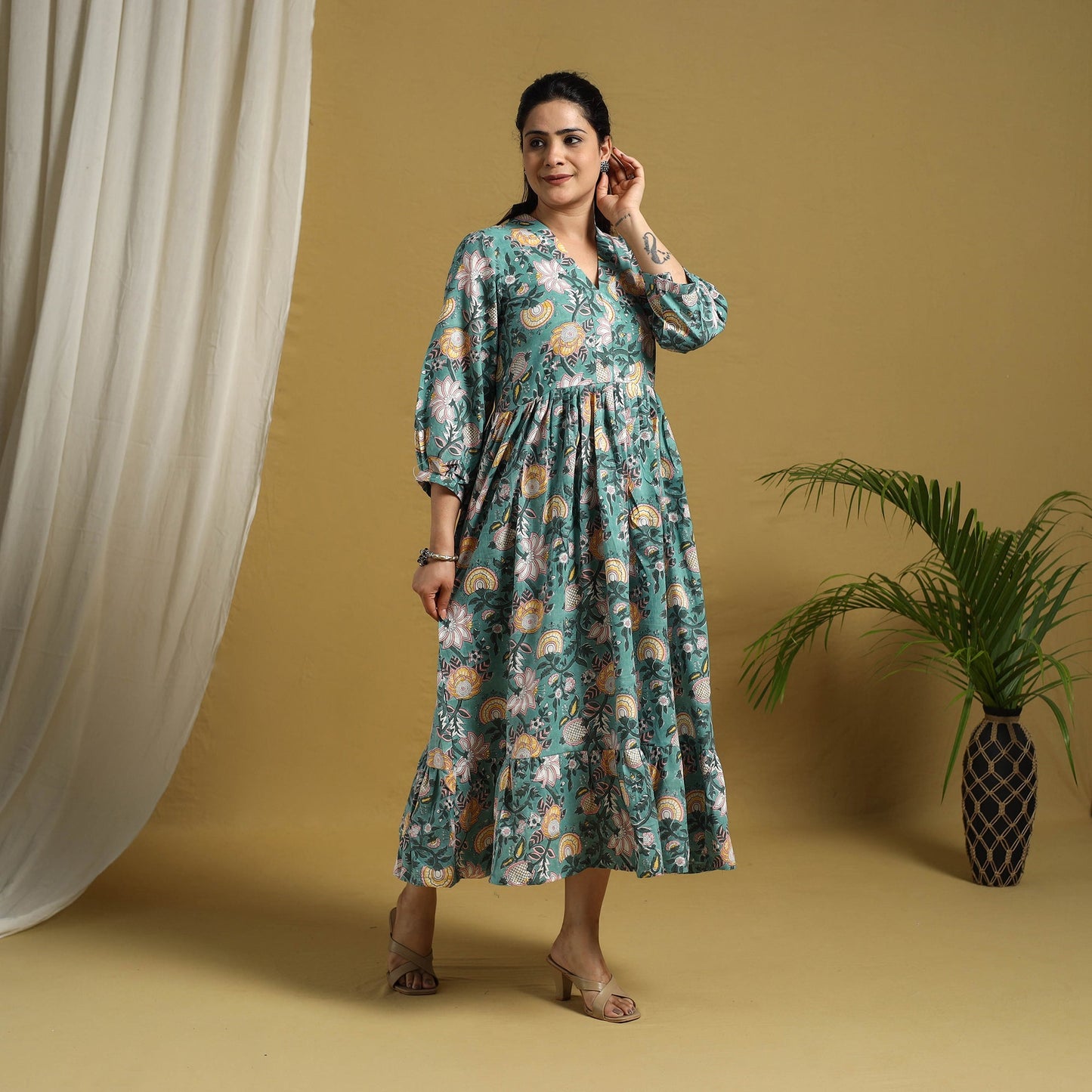 Buy Green Block Print Cotton Tiered Sanganeri Dress