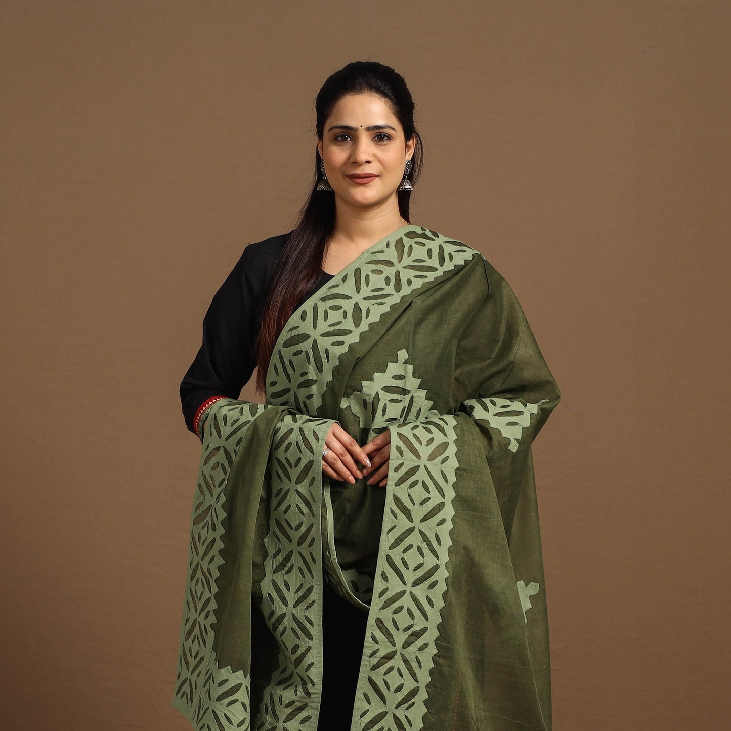 Buy Cutwork Cotton Green Barmer Applique Dupatta