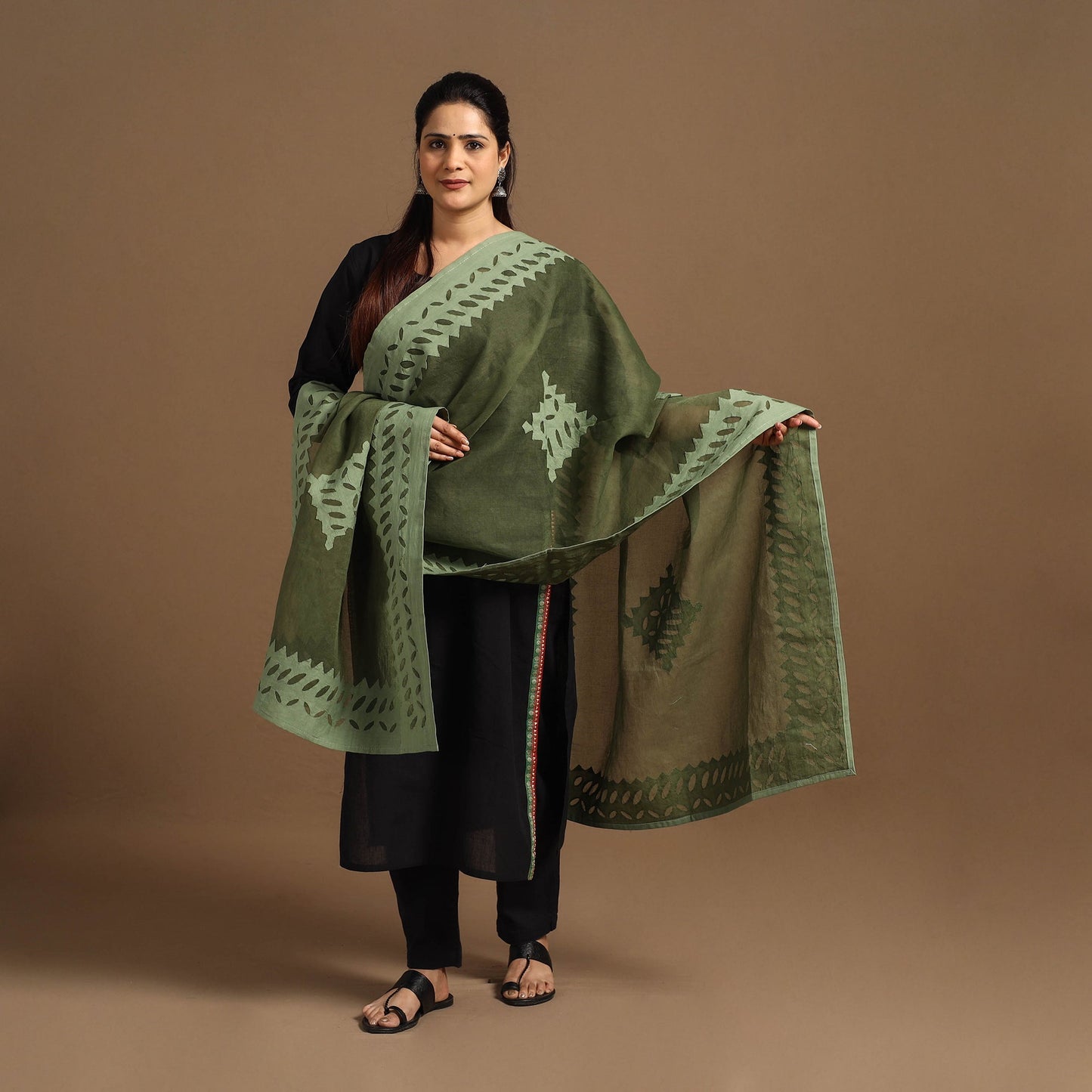 Buy Cutwork Cotton Green Barmer Applique Dupatta