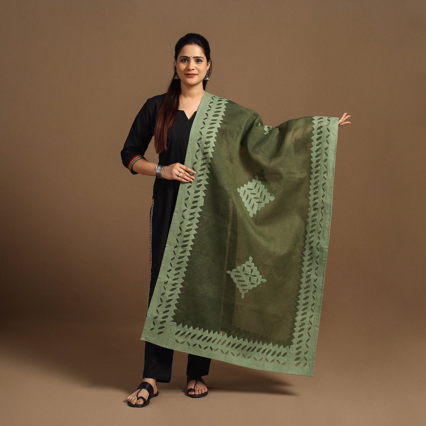 Buy Cutwork Cotton Green Barmer Applique Dupatta