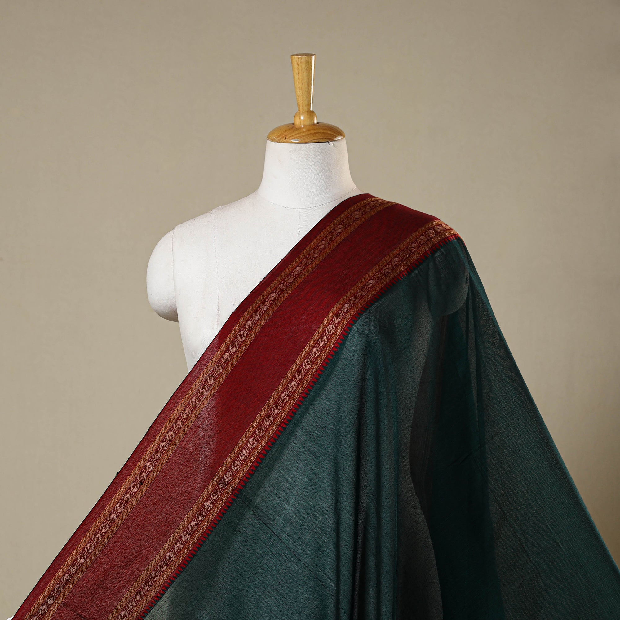 Green - Mercerised Cotton Zari Border Dharwad Fabric 09