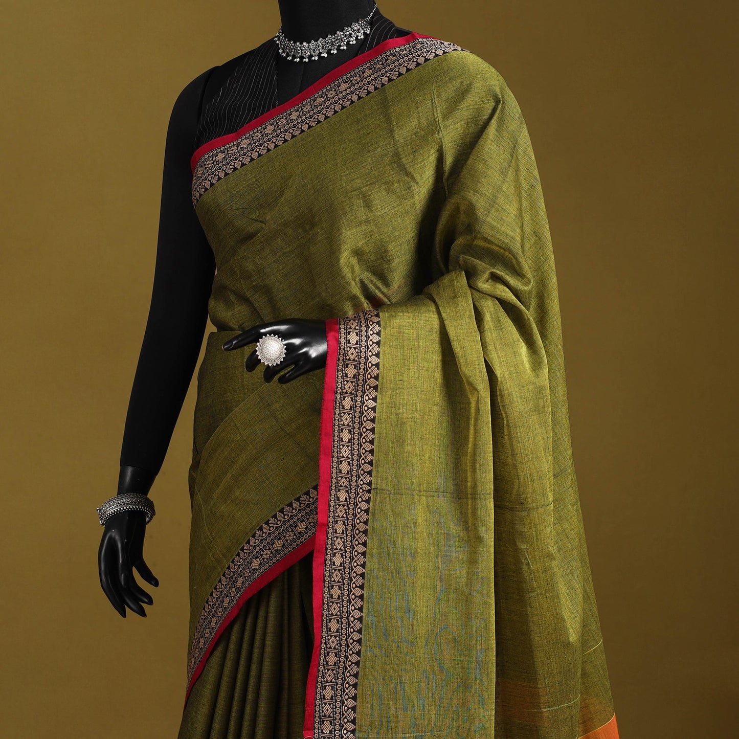 Green - dharwad cotton saree with border 23 - handcrafted