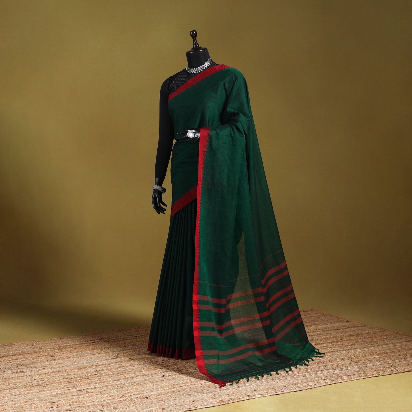 Green - dharwad cotton saree with border 39 - handcrafted