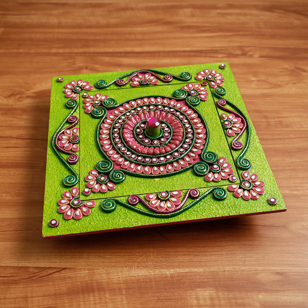 Diwali Decor Green Handpainted Wooden Dry Fruit Box