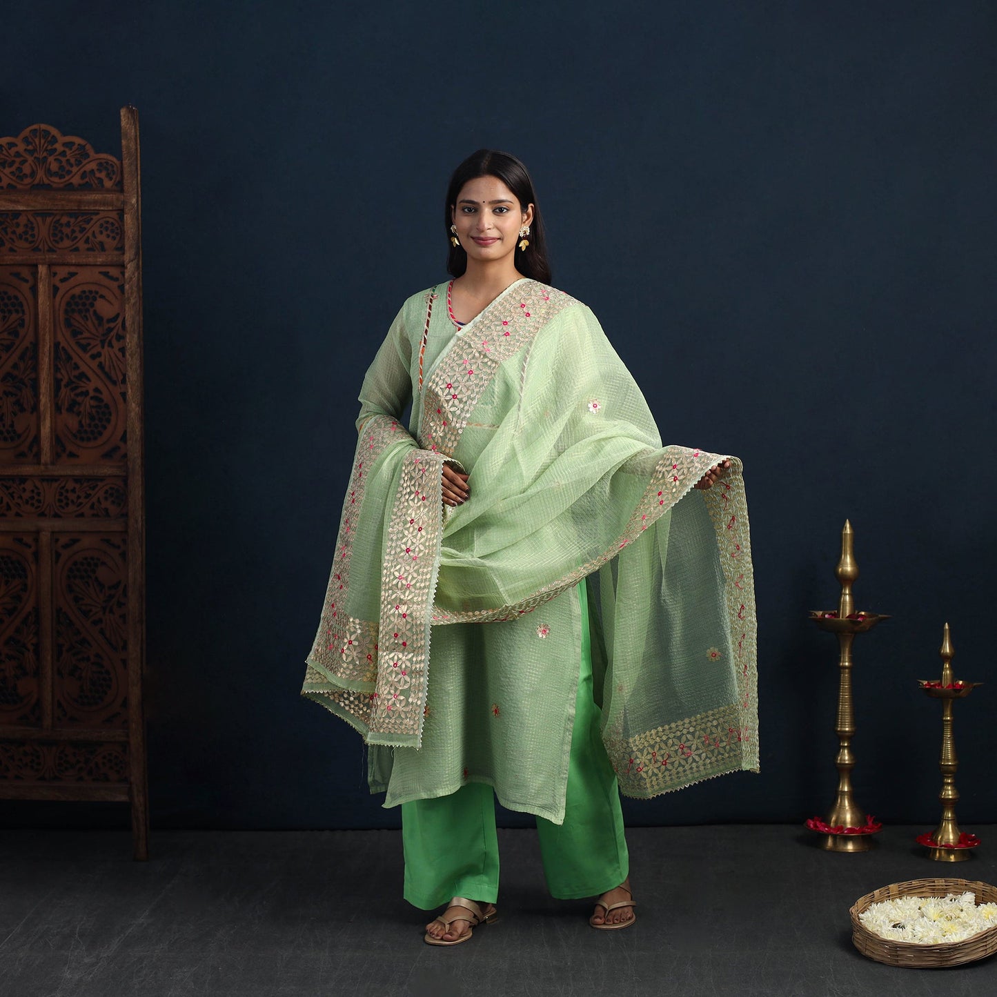 Green Elegant Gota Work Silk Kota Doria Kurta Set