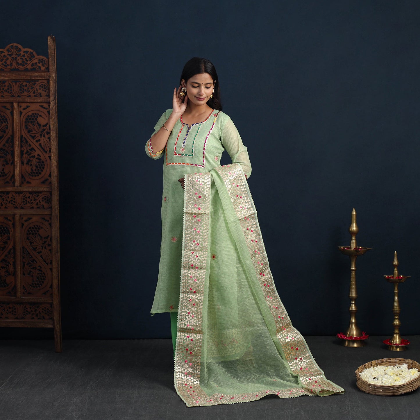 Green Elegant Gota Work Silk Kota Doria Kurta Set
