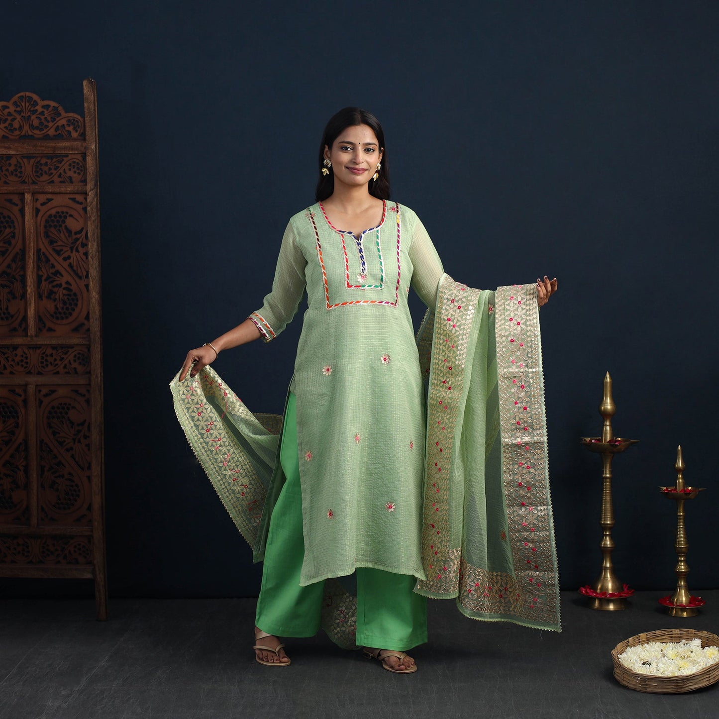 Green Elegant Gota Work Silk Kota Doria Kurta Set