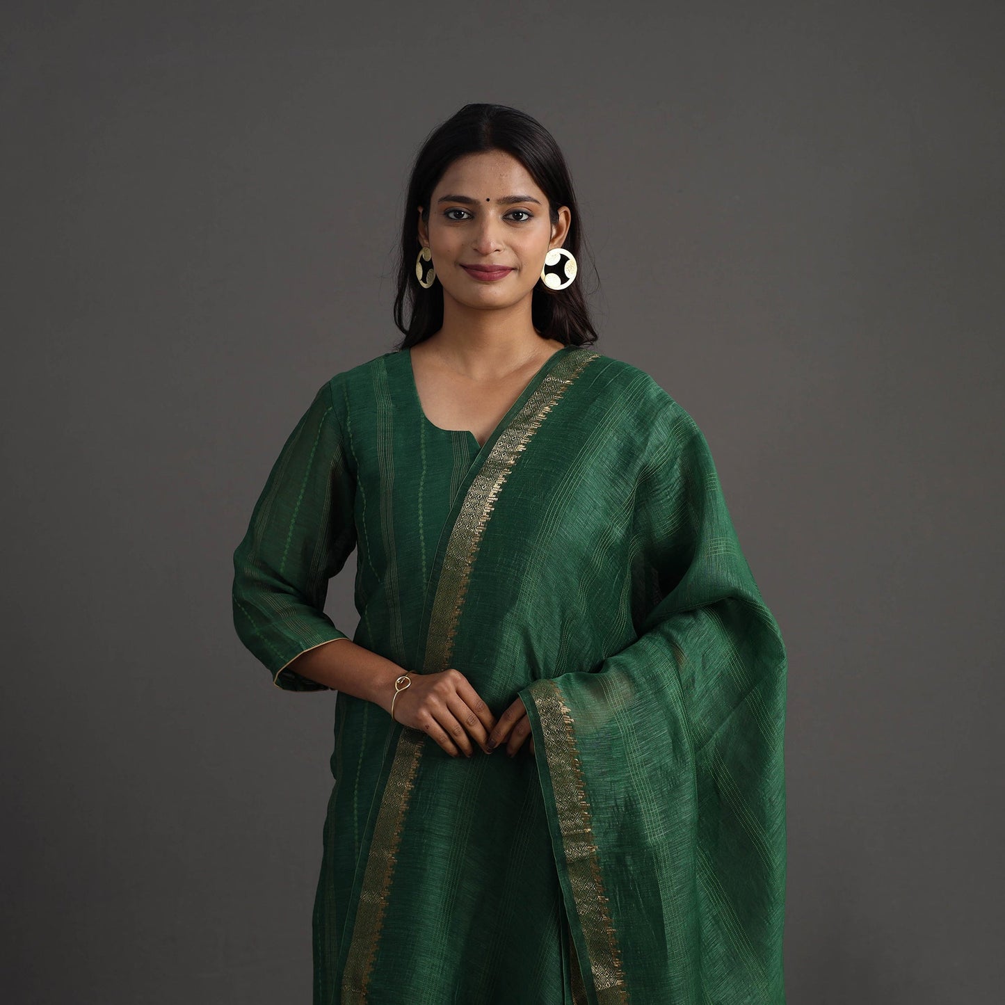 Green Elegant Linen Silk Handloom Plain Kurta Set