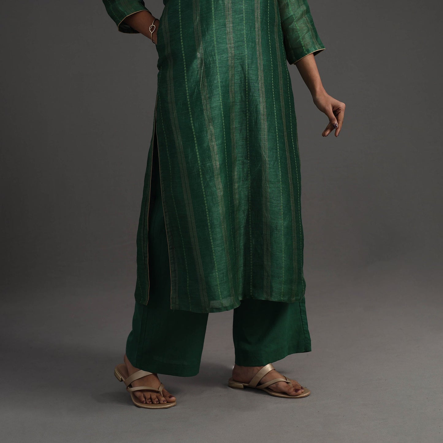 Green Elegant Linen Silk Handloom Plain Kurta Set