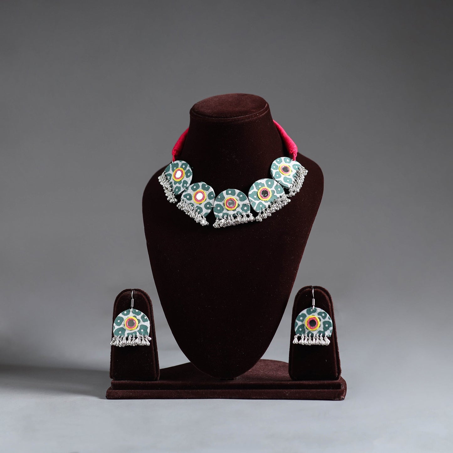 Green - fabart german silver mirror work choker necklace