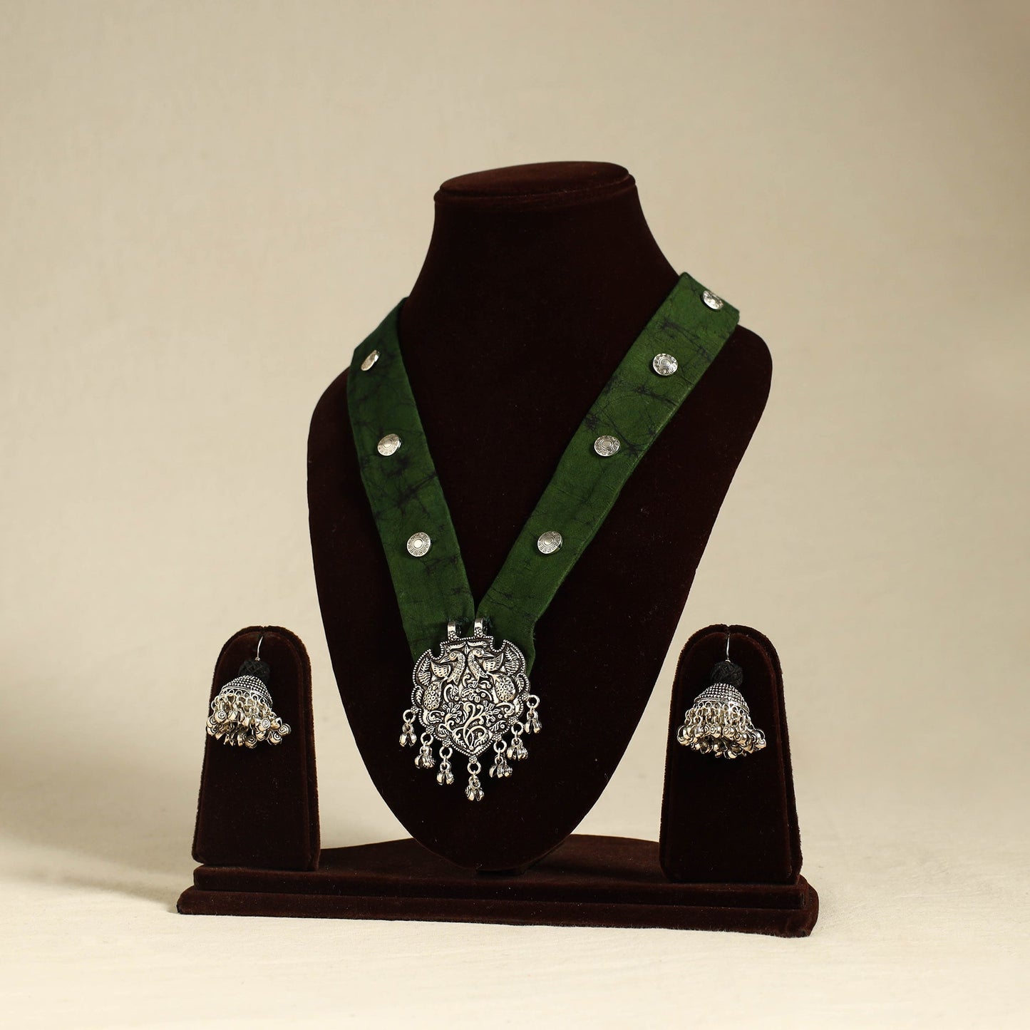 Green - fabart german silver necklace set 06 - handcrafted