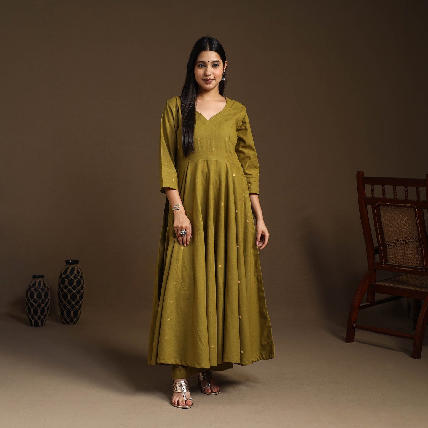 Green Flared Cotton Jacquard Kurta with Palazzo Set