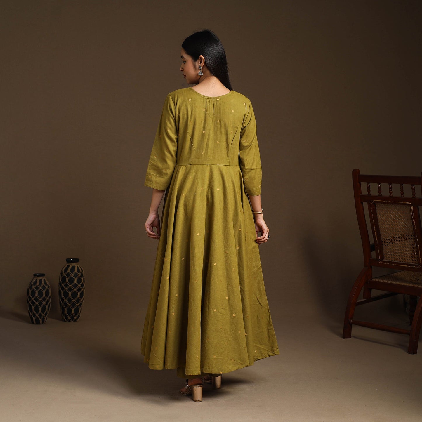 Green Flared Cotton Jacquard Kurta with Palazzo Set
