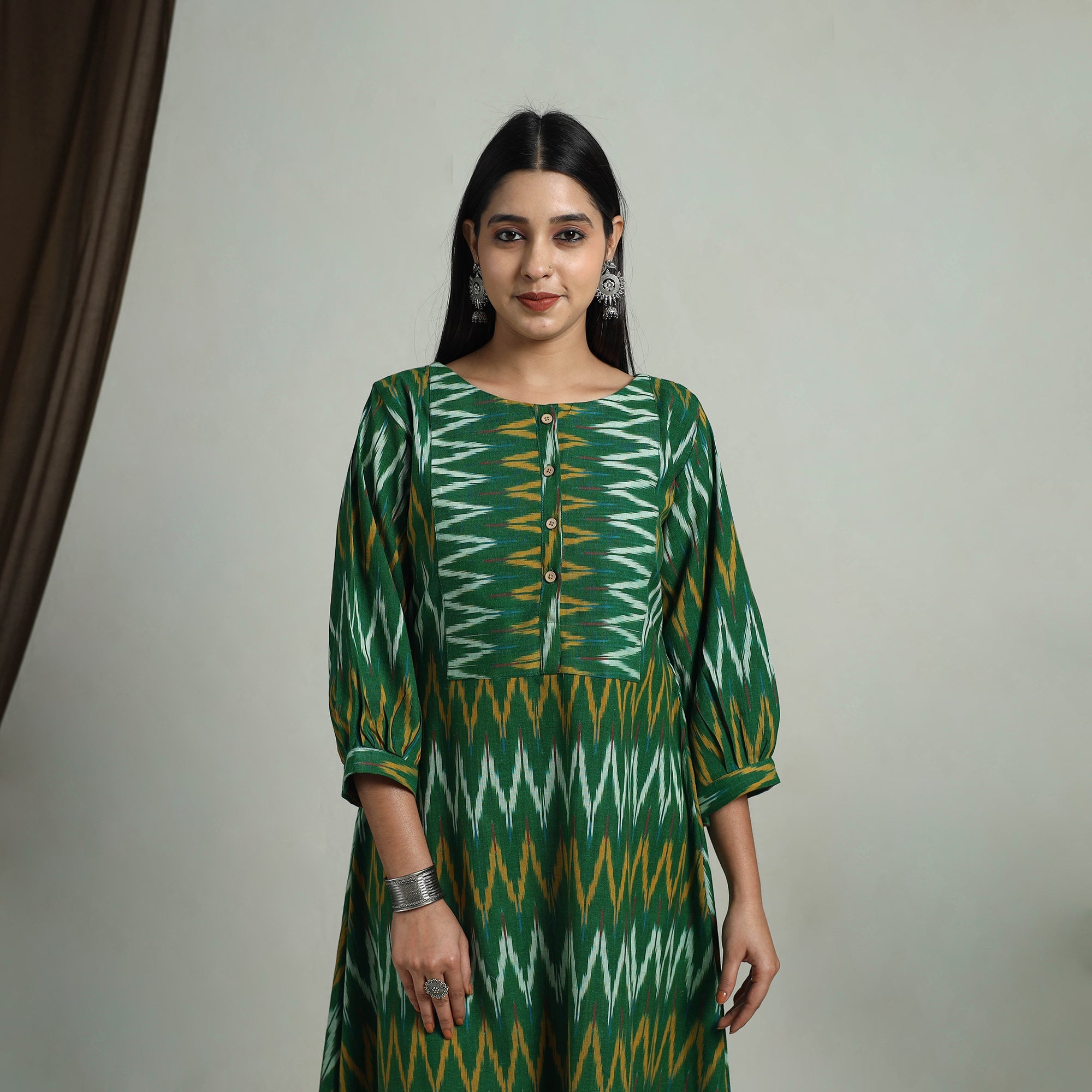 Green Flared Cotton Pochampally Ikat Dress Itokri Casuals COJP_JP/KUT/52/E/10/3XL