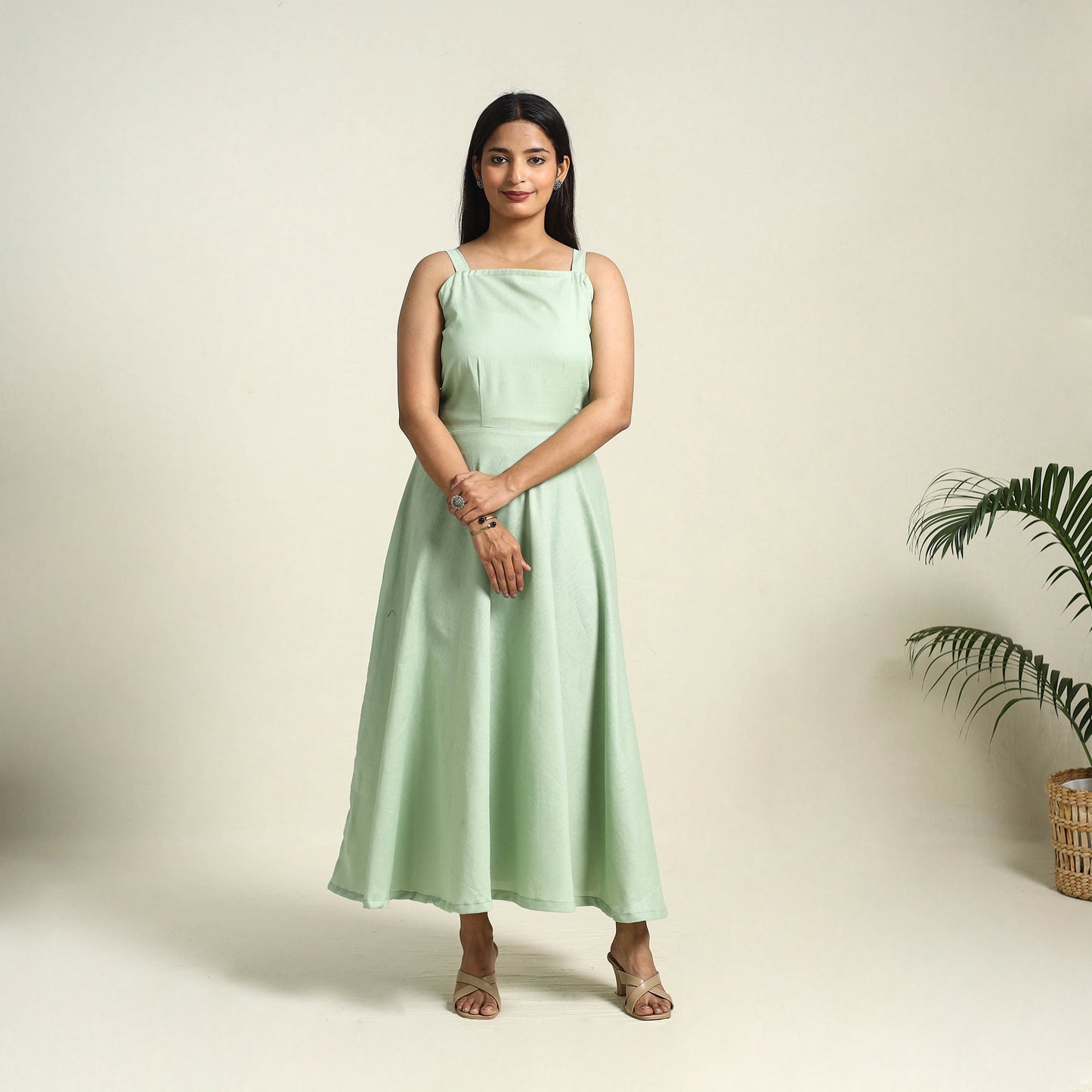 Green Flex Cotton Plain Dress