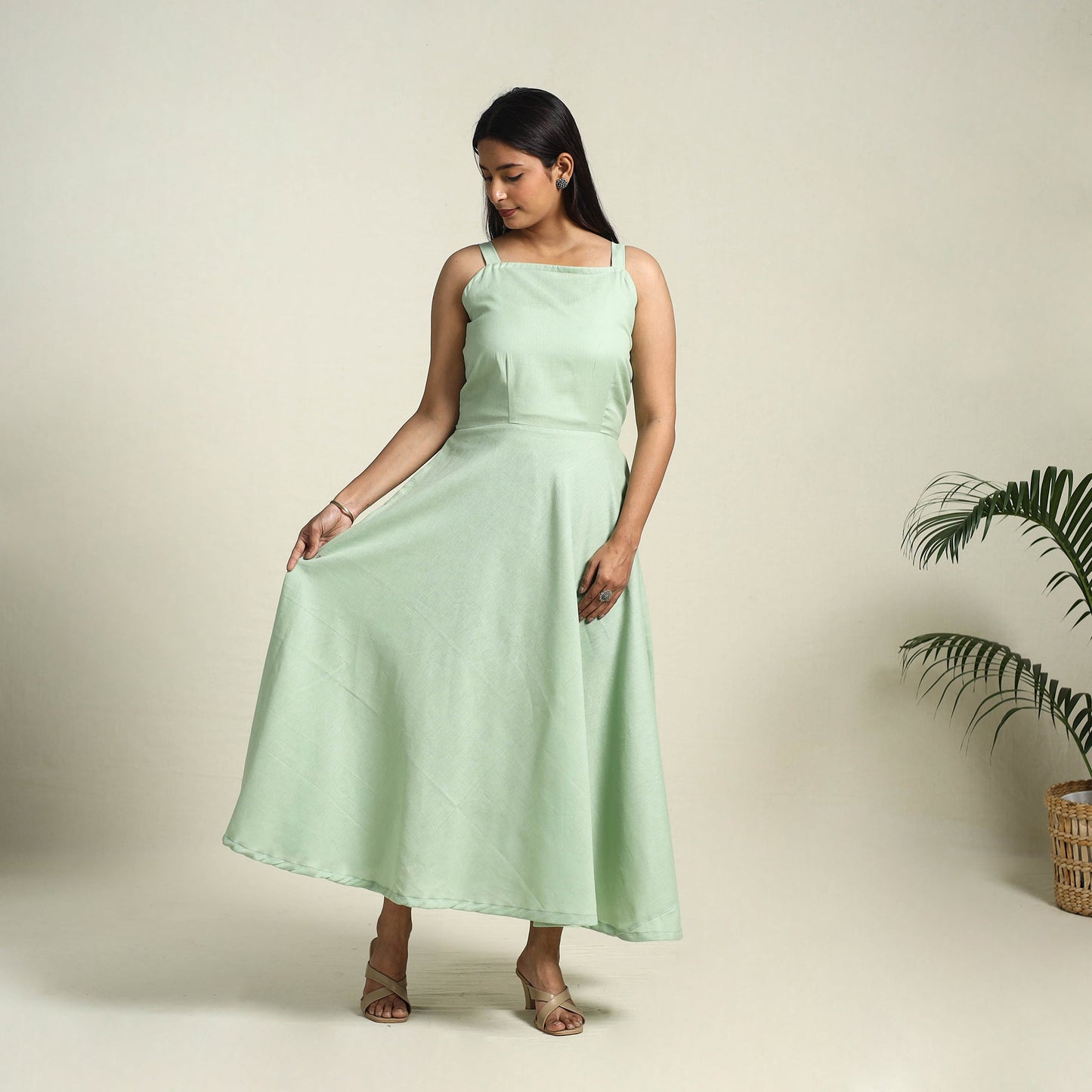 Green Flex Cotton Plain Dress